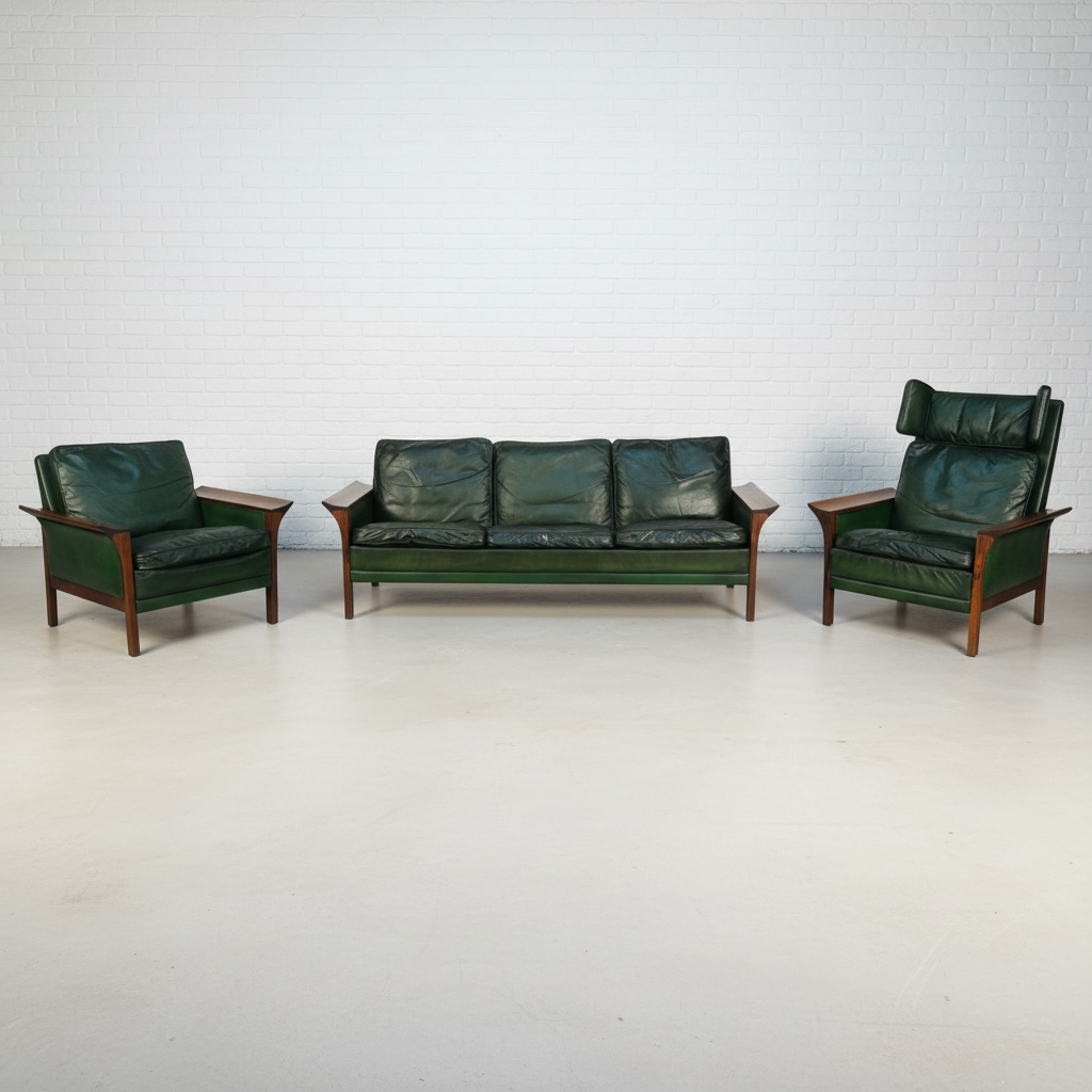 1960s Danish Green Leather Three-Seater Sofa & His & Hers Armchairs Golstrup