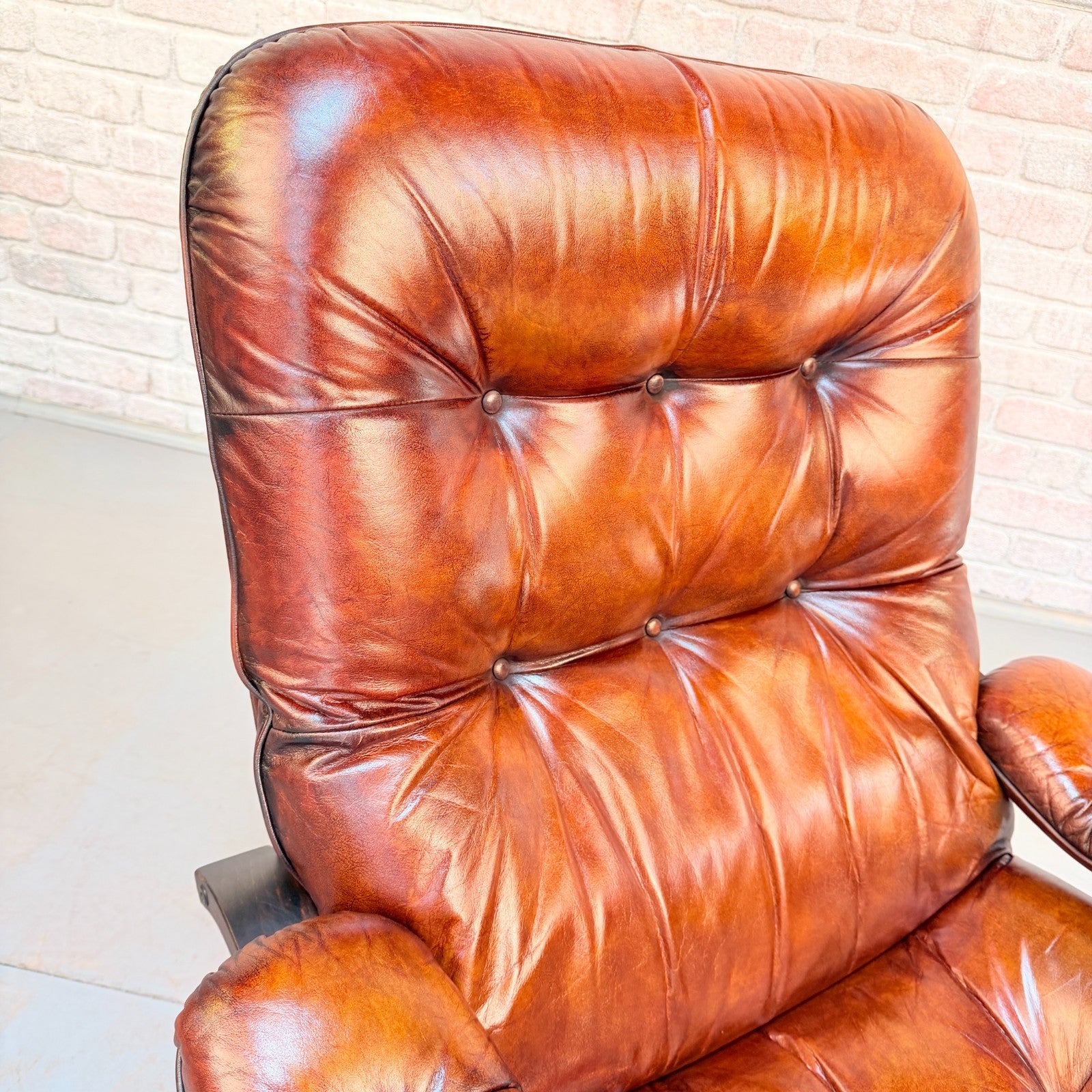Vintage Danish Tan Leather Swivel Chair Hand Dyed Cognac Patina Lounge Chair