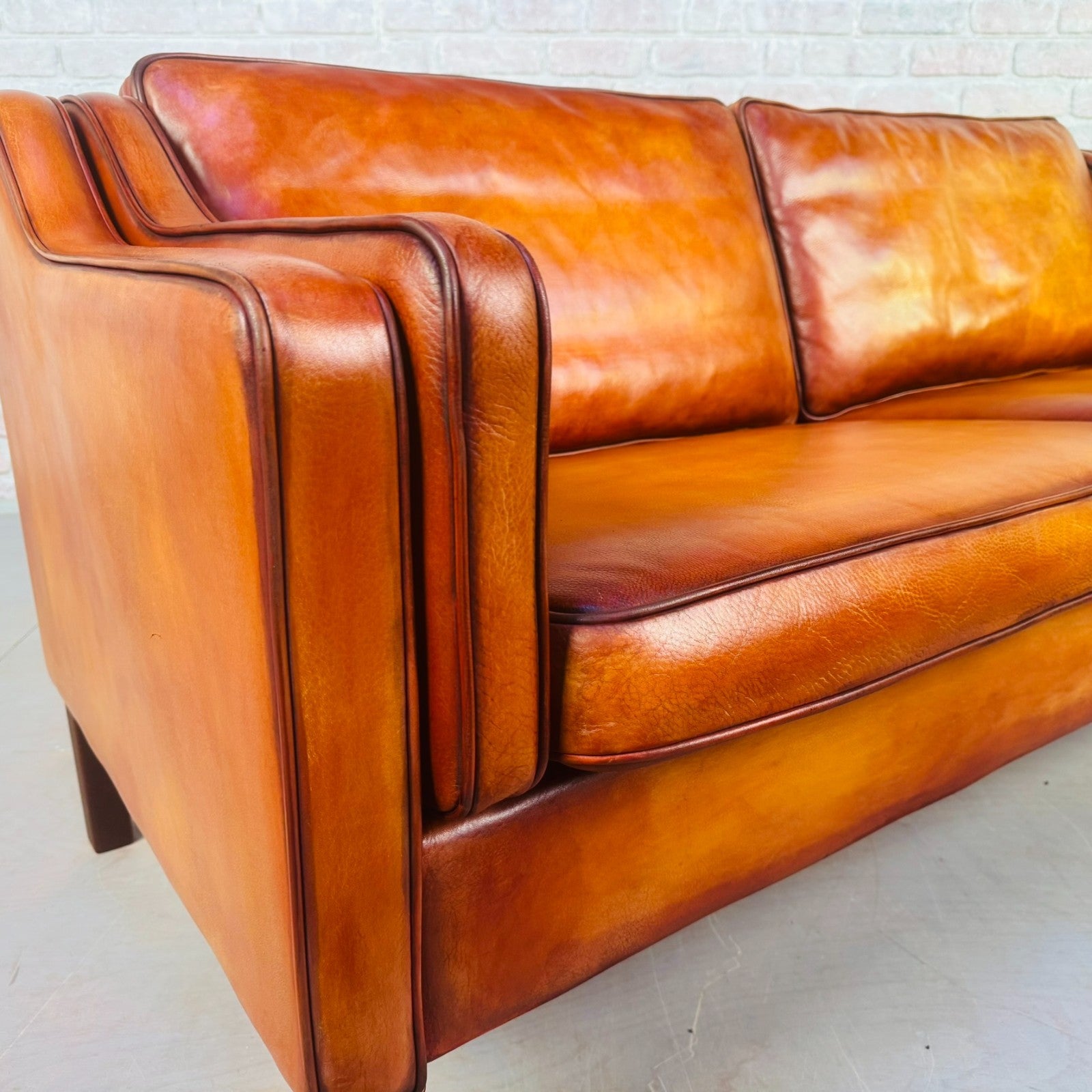 Stylish Pair of Vintage Danish Tan Leather 2.5 Seater Sofas