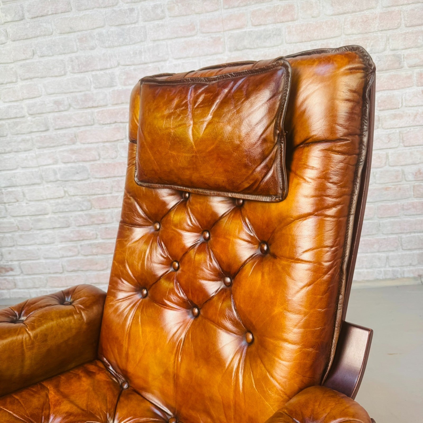 Vintage Scandinavian Tan Leather Swivel Chair