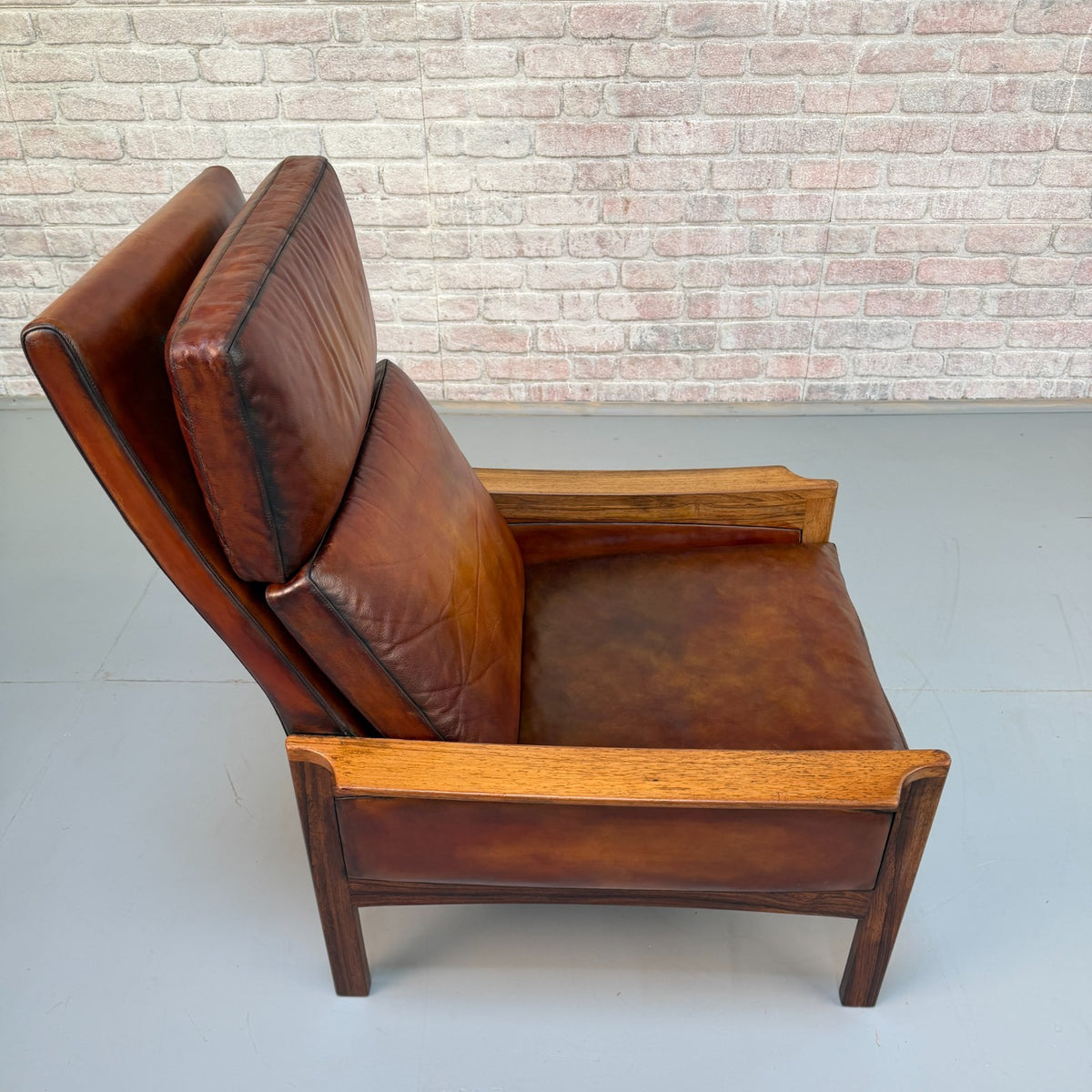Vintage 1970s Danish Tan Leather High Back Armchair – RoseWood Frame