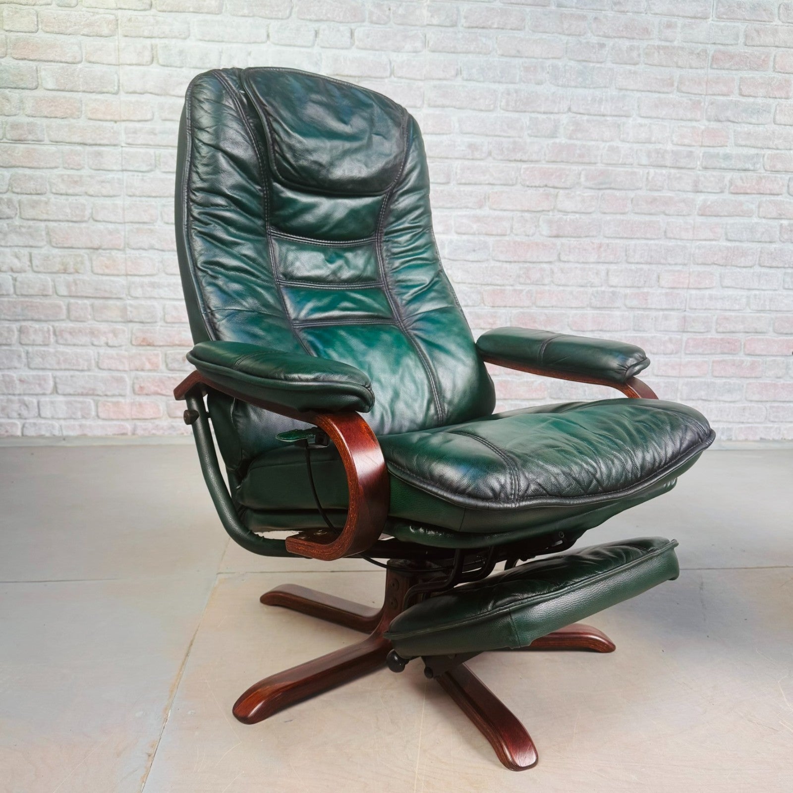 Vintage Pair of Norwegian Green Leather Reclining Swivel Chairs with Footstools
