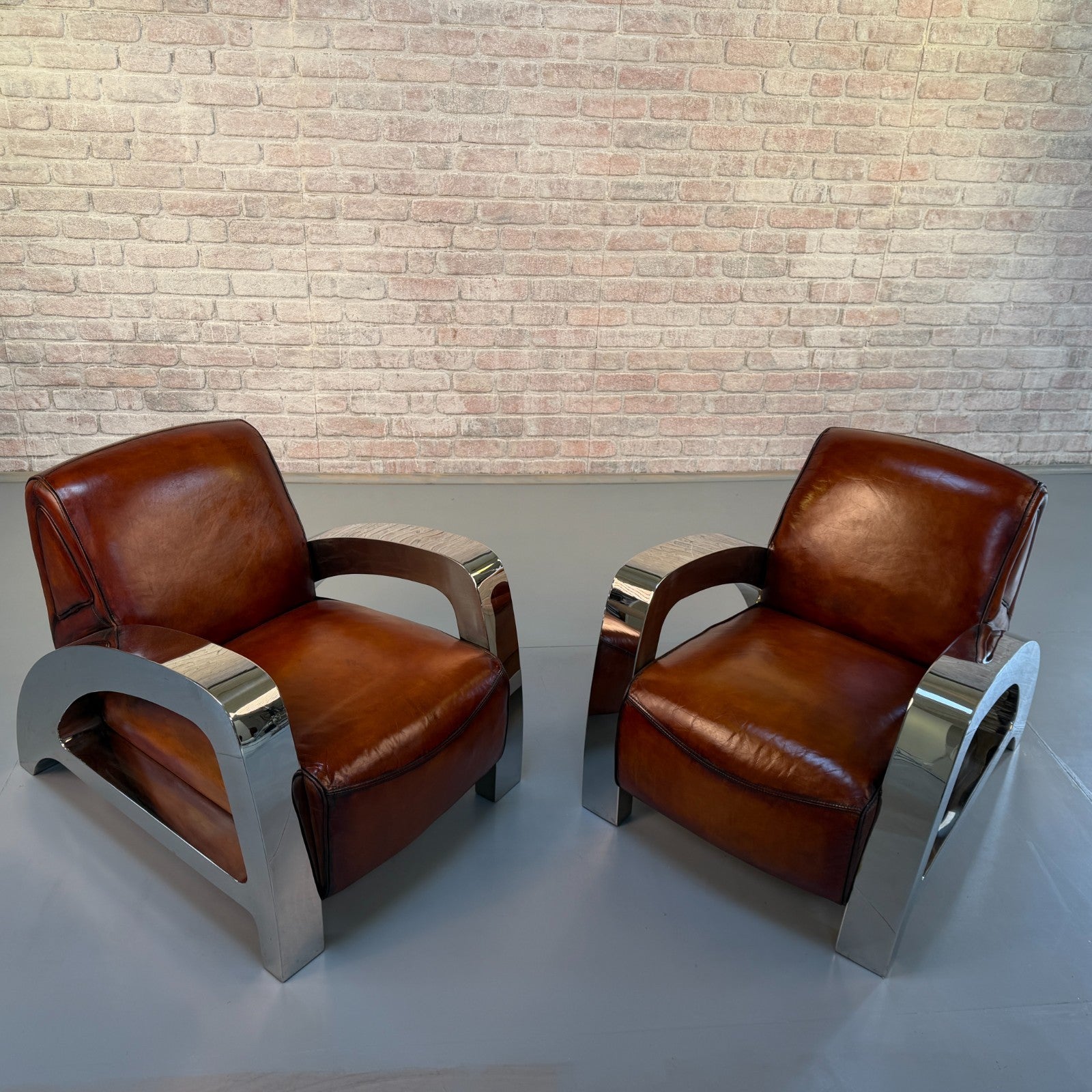 Stunning Pair of Vintage Art Deco Chrome Aviator Heritage Brown Leather Armchair