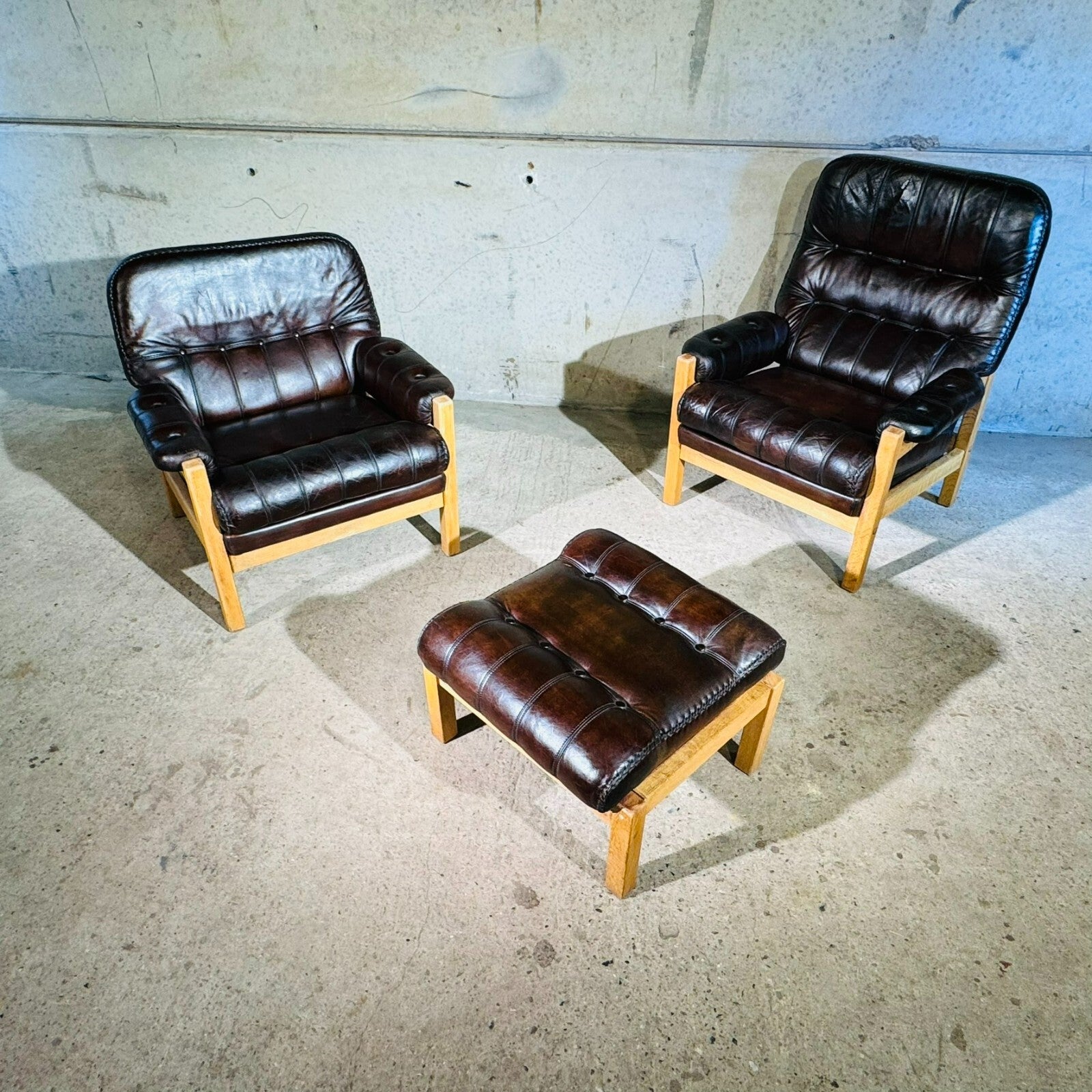 Vintage His and Hers Leather & Oak Swedish Chairs 1970s with Footstool