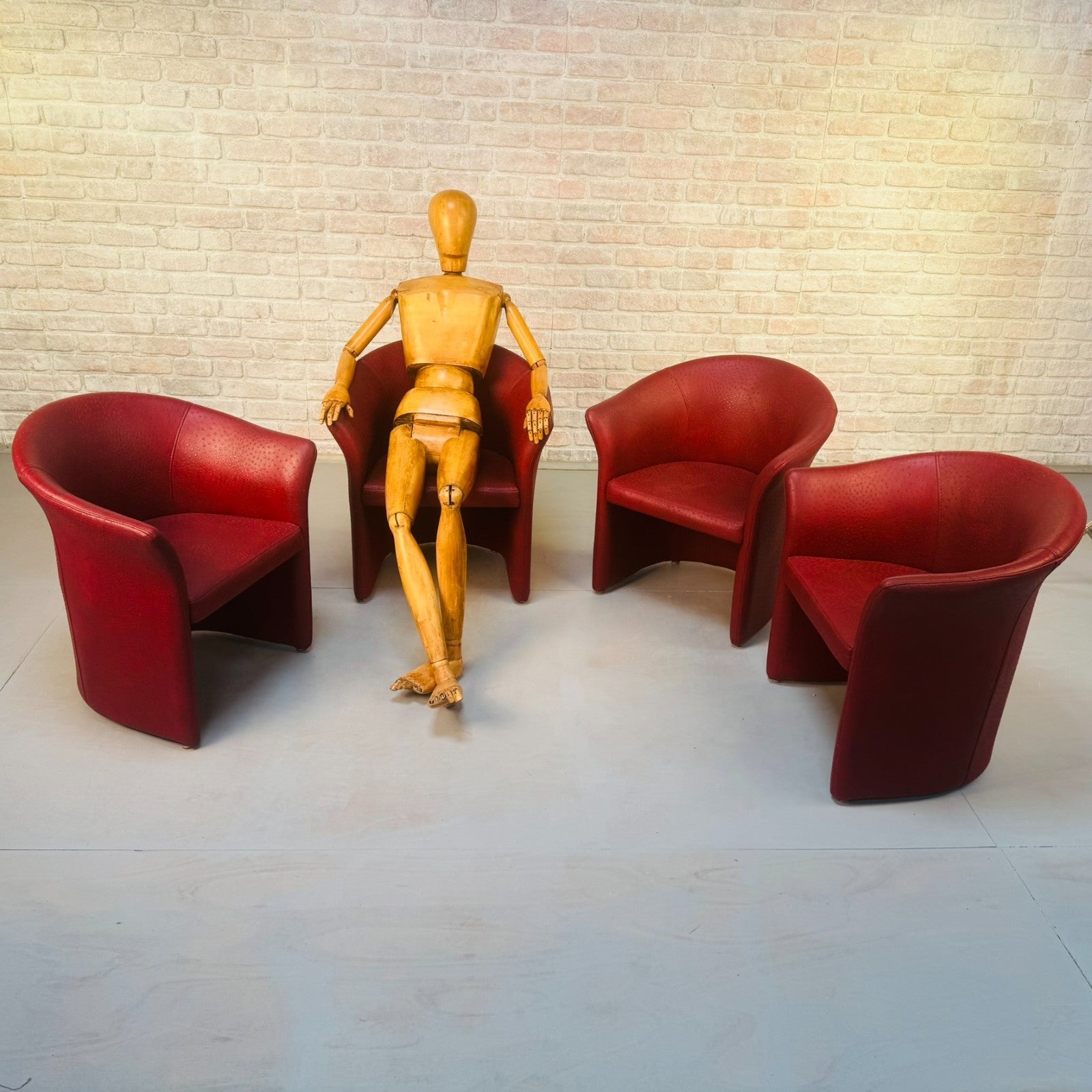 Set of Vintage Italian Red Faux Ostrich Leather Tub Chairs