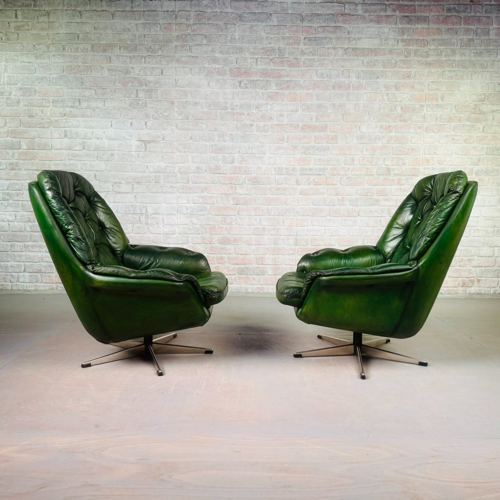 Pair of Vintage Danish Green Leather Swivel Chairs