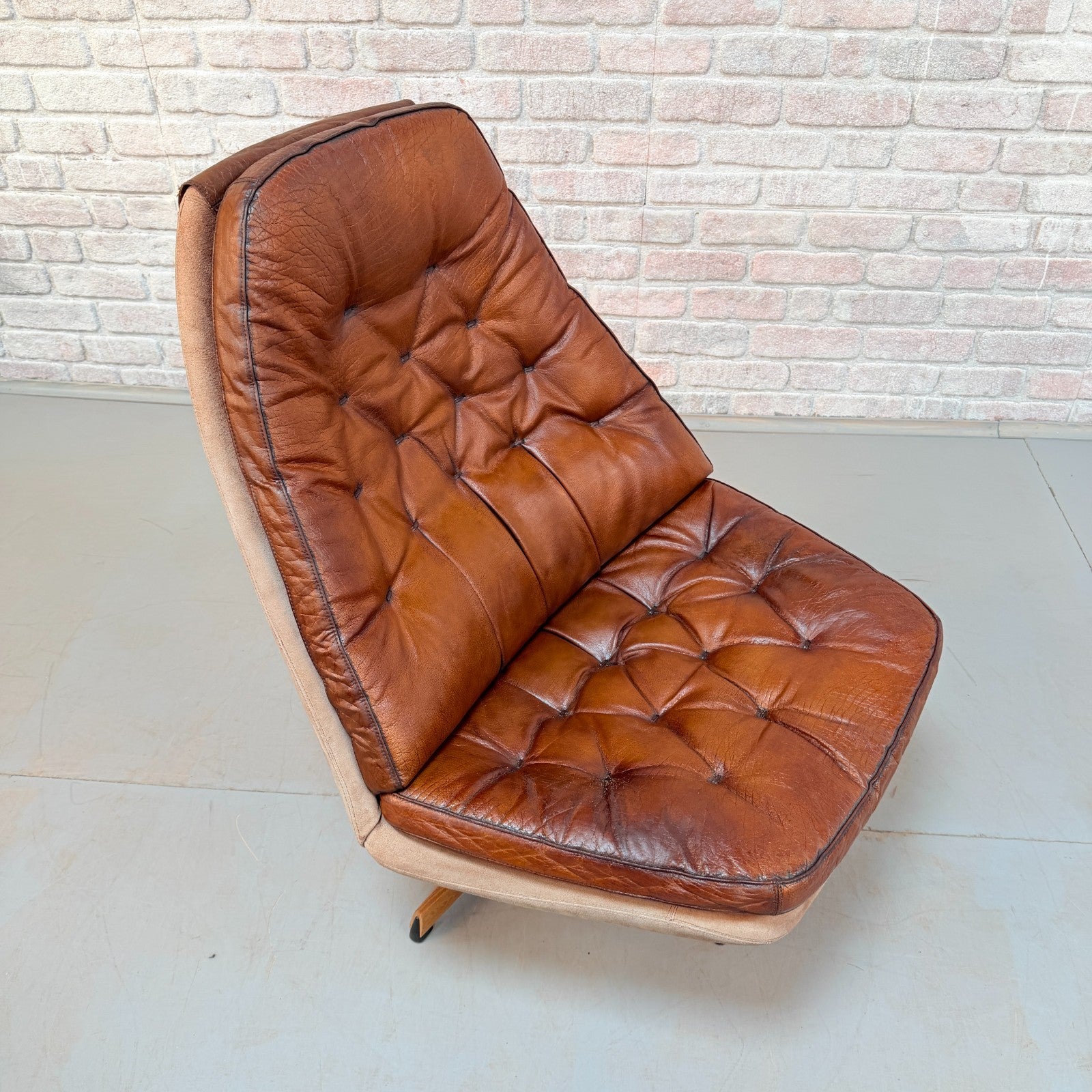 1960s Pair of Madsen & Schubell MS68 Cognac Leather Lounge Chairs & Footstools