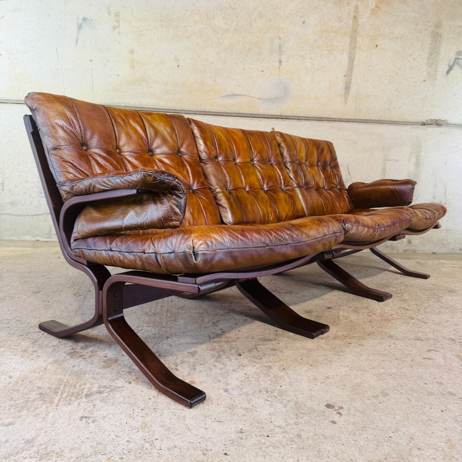 1970s Norwegian Tan Leather Three-Seater Sofa — Rustic Bentwood Frame
