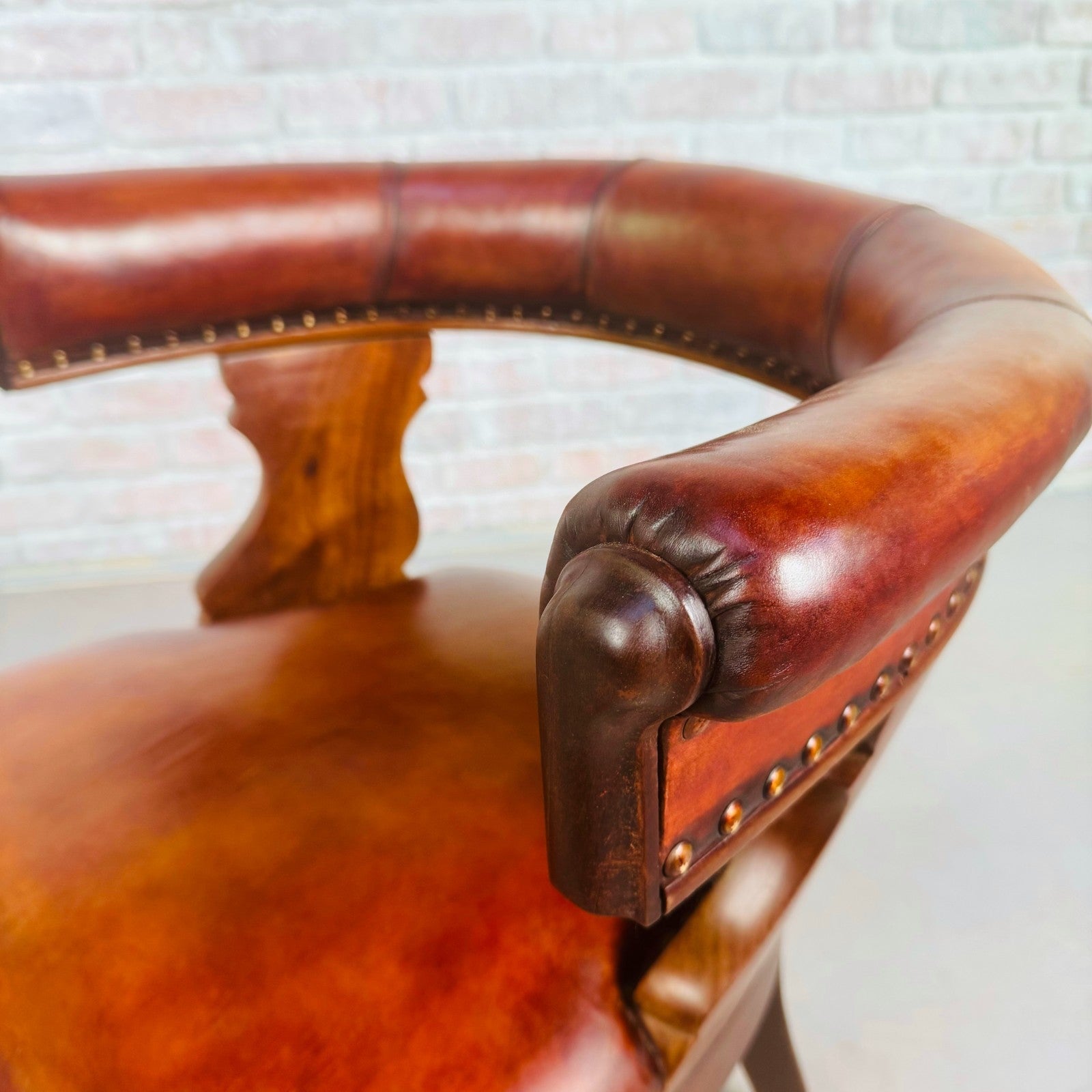 1940s Antique Danish Tan Leather Partner’s Desk Chair - Walnut Frame
