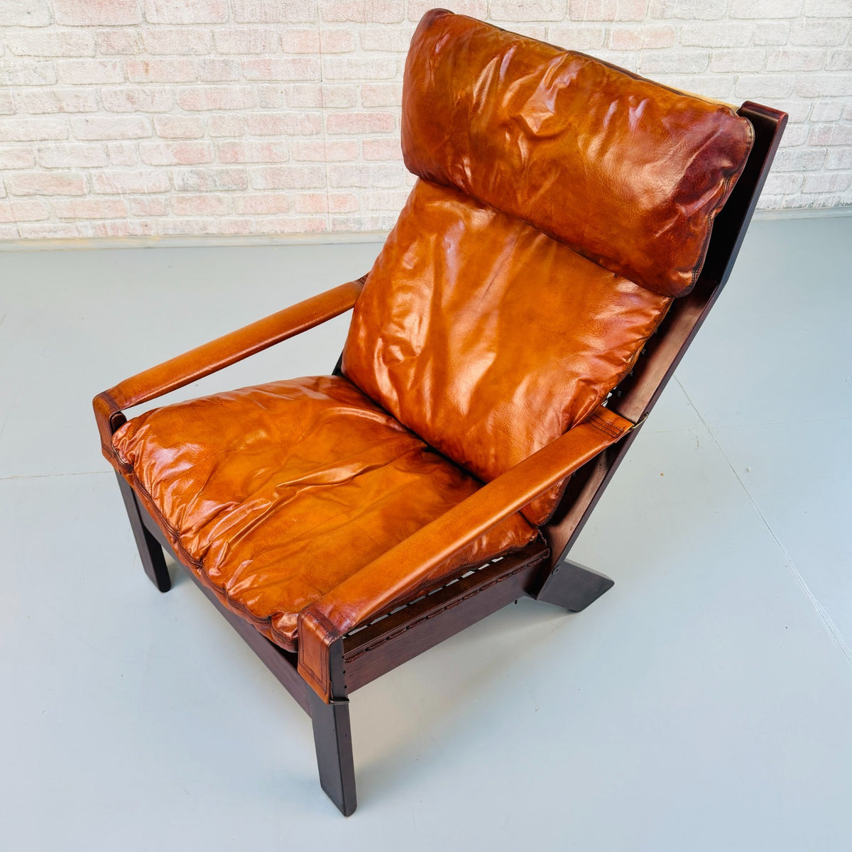 Vintage 1960s Danish Tan Leather Reclining High Back Armchair & Footstool