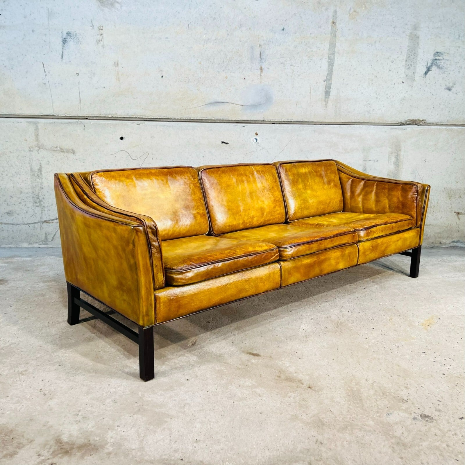 Vintage 1970s Danish Erik Jorgensen Patinated Light Tan Three-Seater Leather Sofa