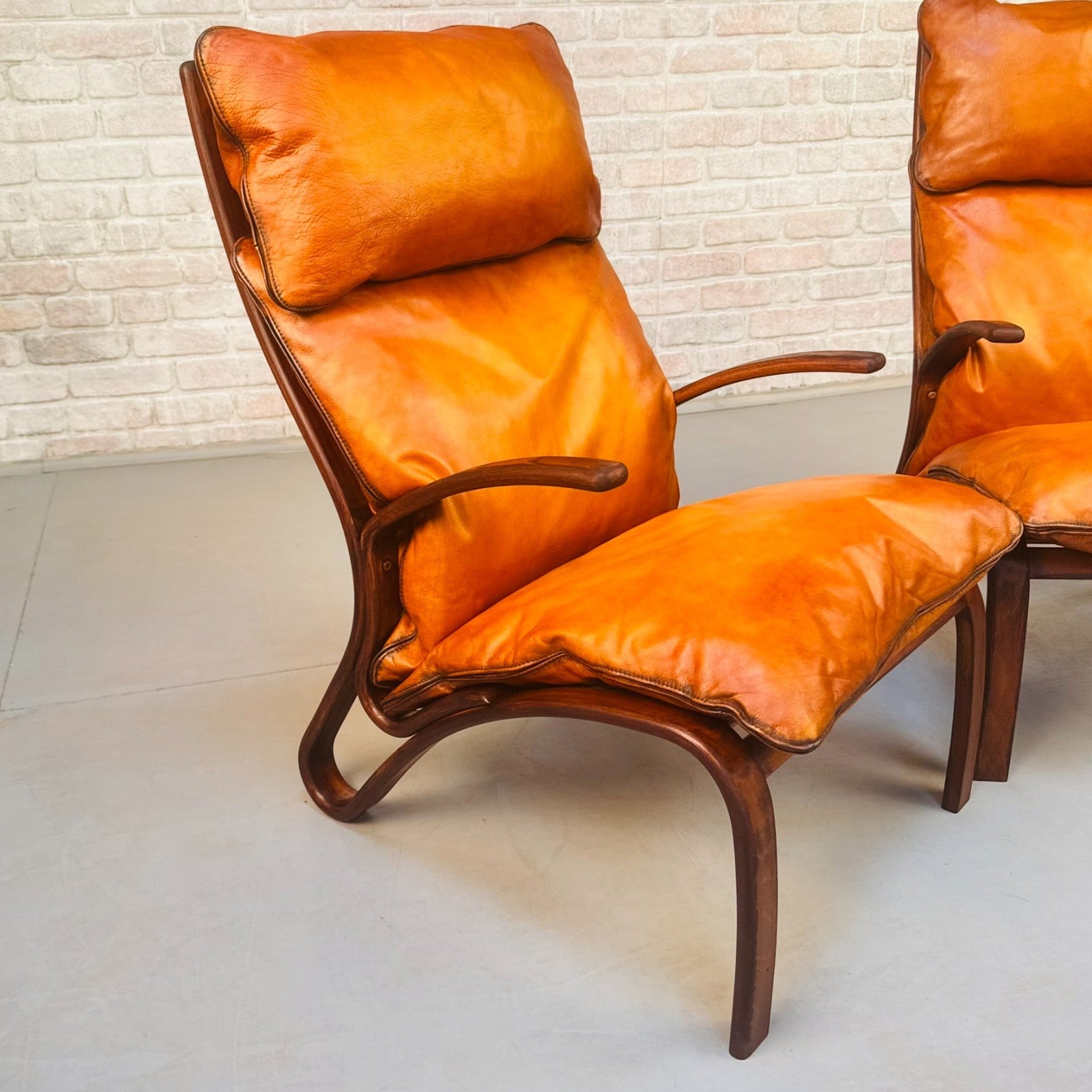Pair Vintage Danish Bentwood Chairs Tan Leather Elegant Lounge Chairs