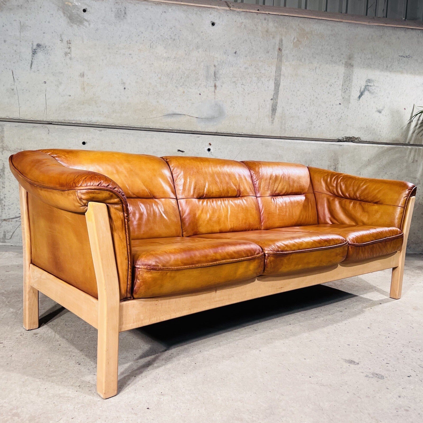 Long Vintage Swedish Three-Seater Patinated Tan Leather Sofa