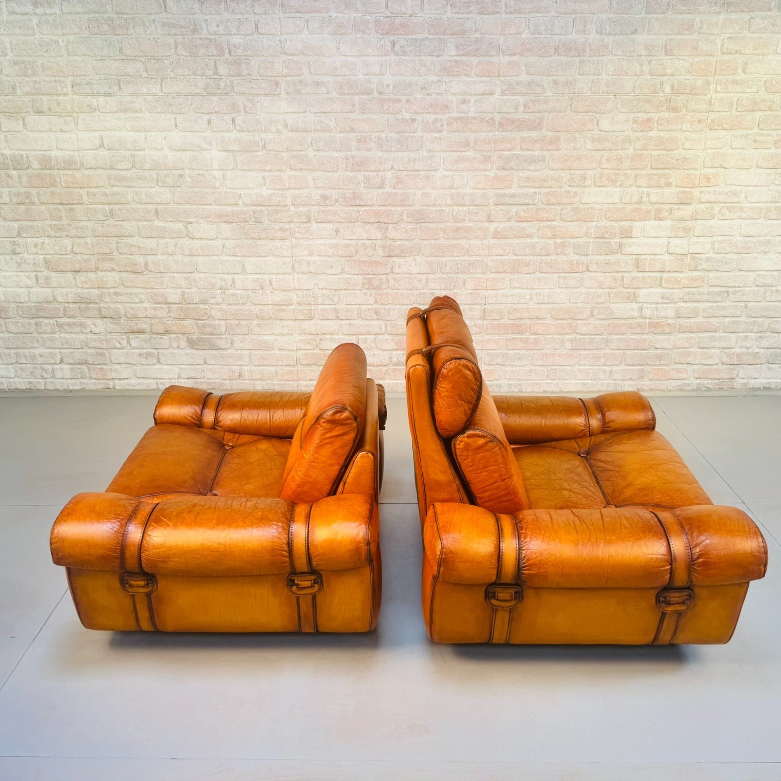 Pair Vintage Skippers Danish His & Hers Light Tan Leather Armchairs