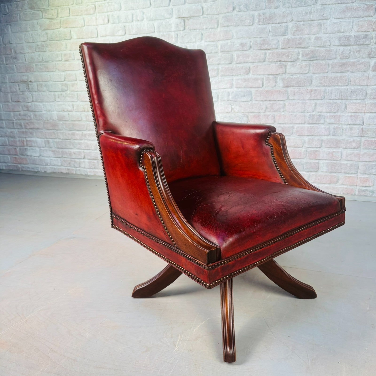 English Vintage Deep Red Leather Swivel Office Desk Chair