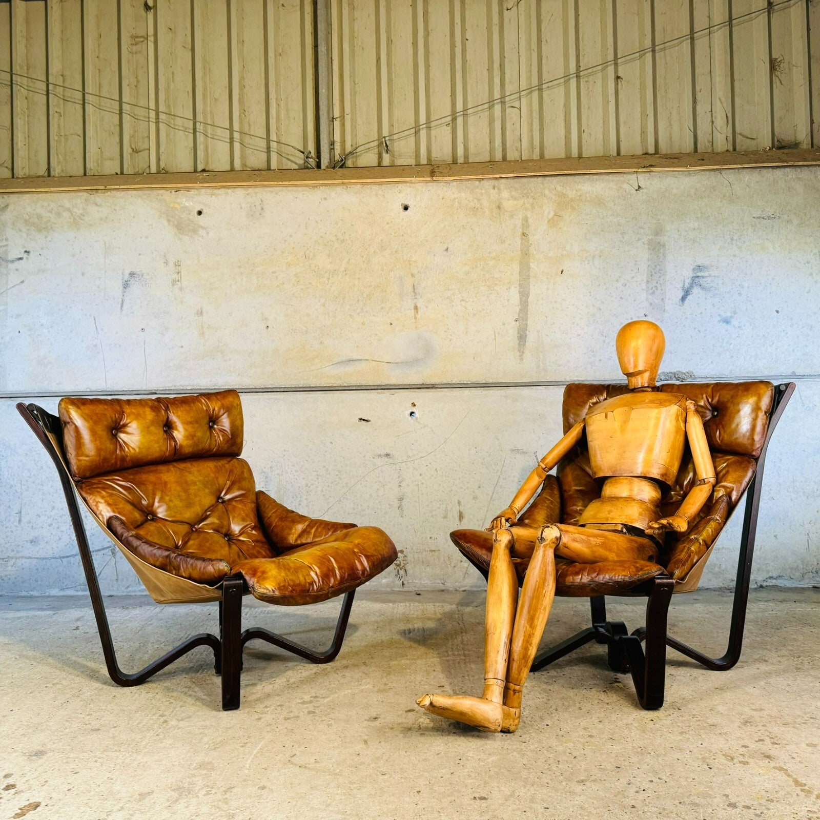 Vintage Pair of 70s Scandinavian Viking Chairs by Jim Myrstad Tan Leather