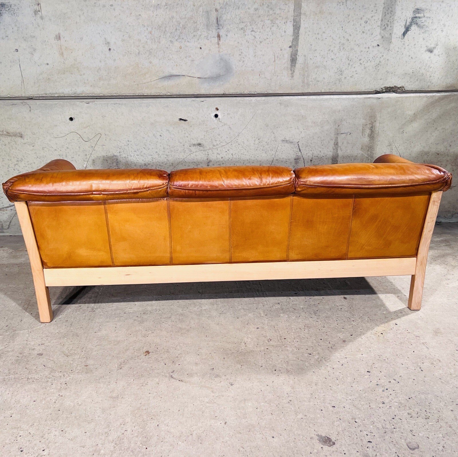 Long Vintage Swedish Three-Seater Patinated Tan Leather Sofa