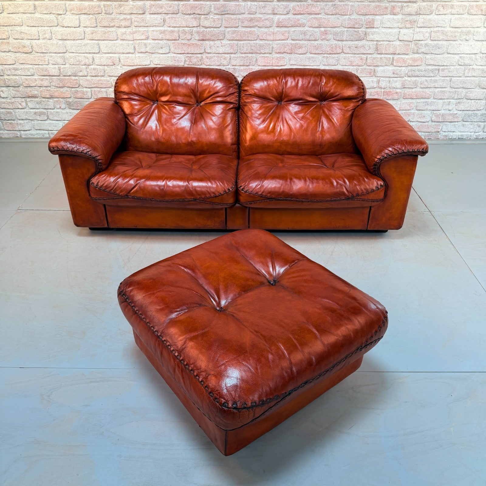 Vintage 70s De Sede DS-101 Two Seater Sofa & Footstool Cognac Leather Switzerlan