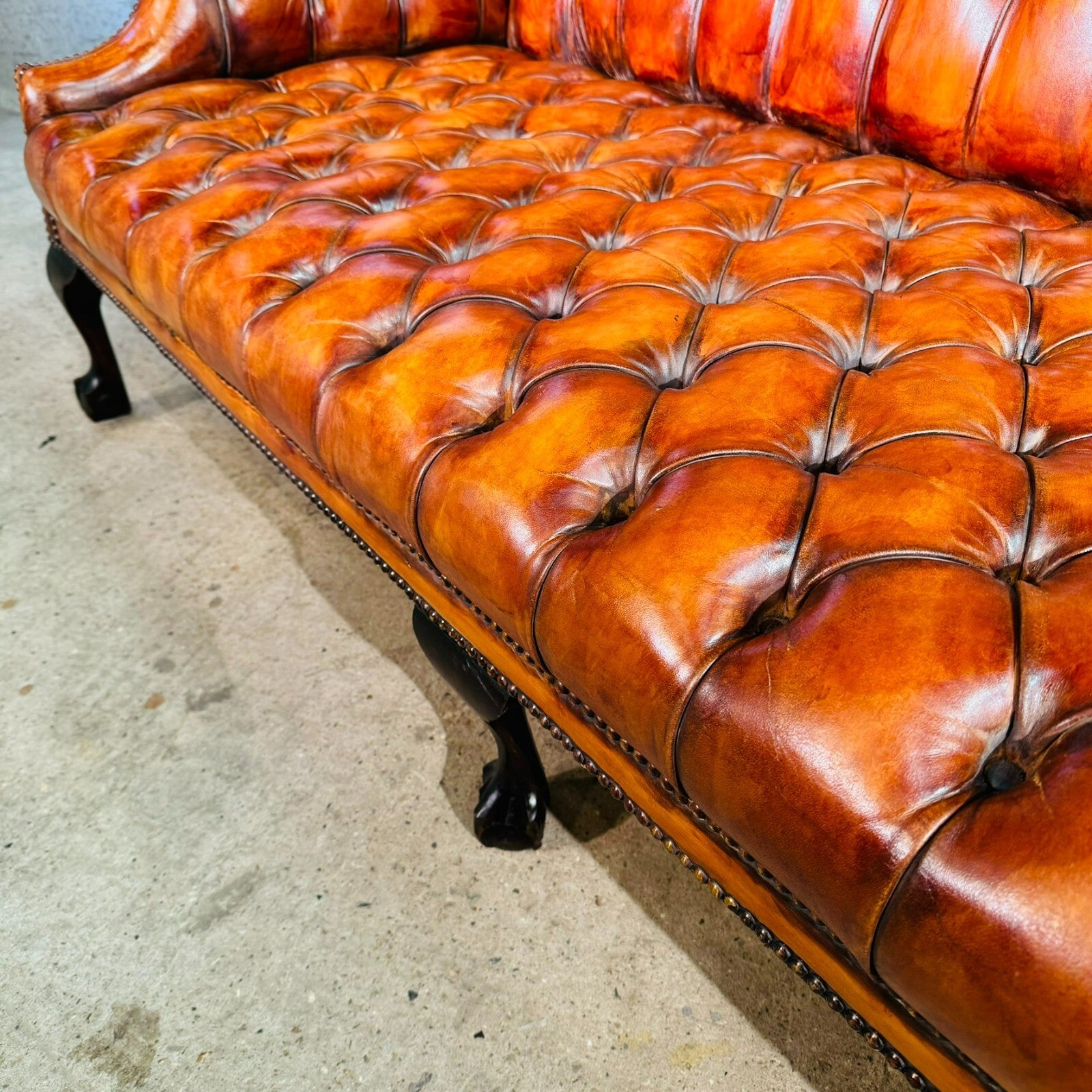 Beautiful Three Seater 19th C Tan Leather Chesterfield Sofa Fully Buttoned