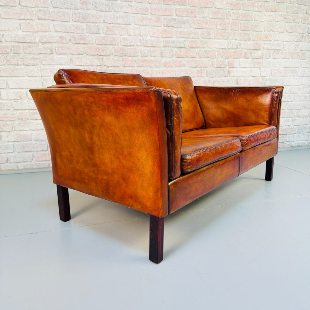 Vintage Danish Tan Leather 2 Seater Sofa – Mid Century Modern Hand Dyed Patina