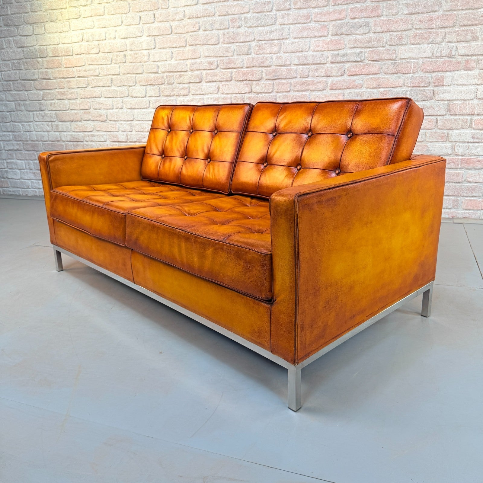 Vintage Florence Knoll Style Tan Leather Two Seater Sofa