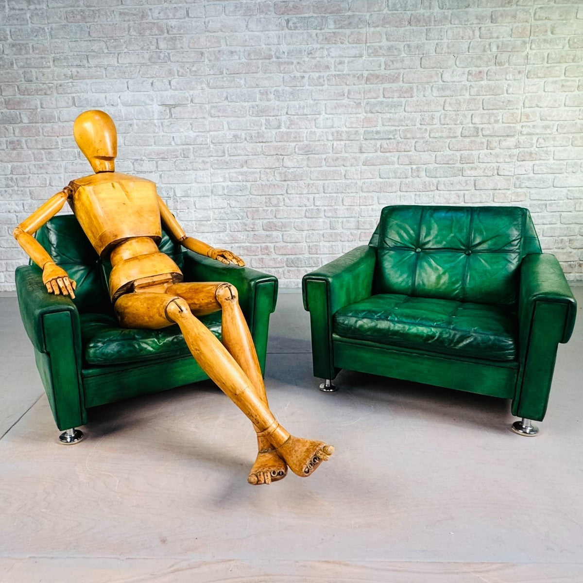 Vintage Danish Green Leather Pair of Armchairs by Svend Skipper