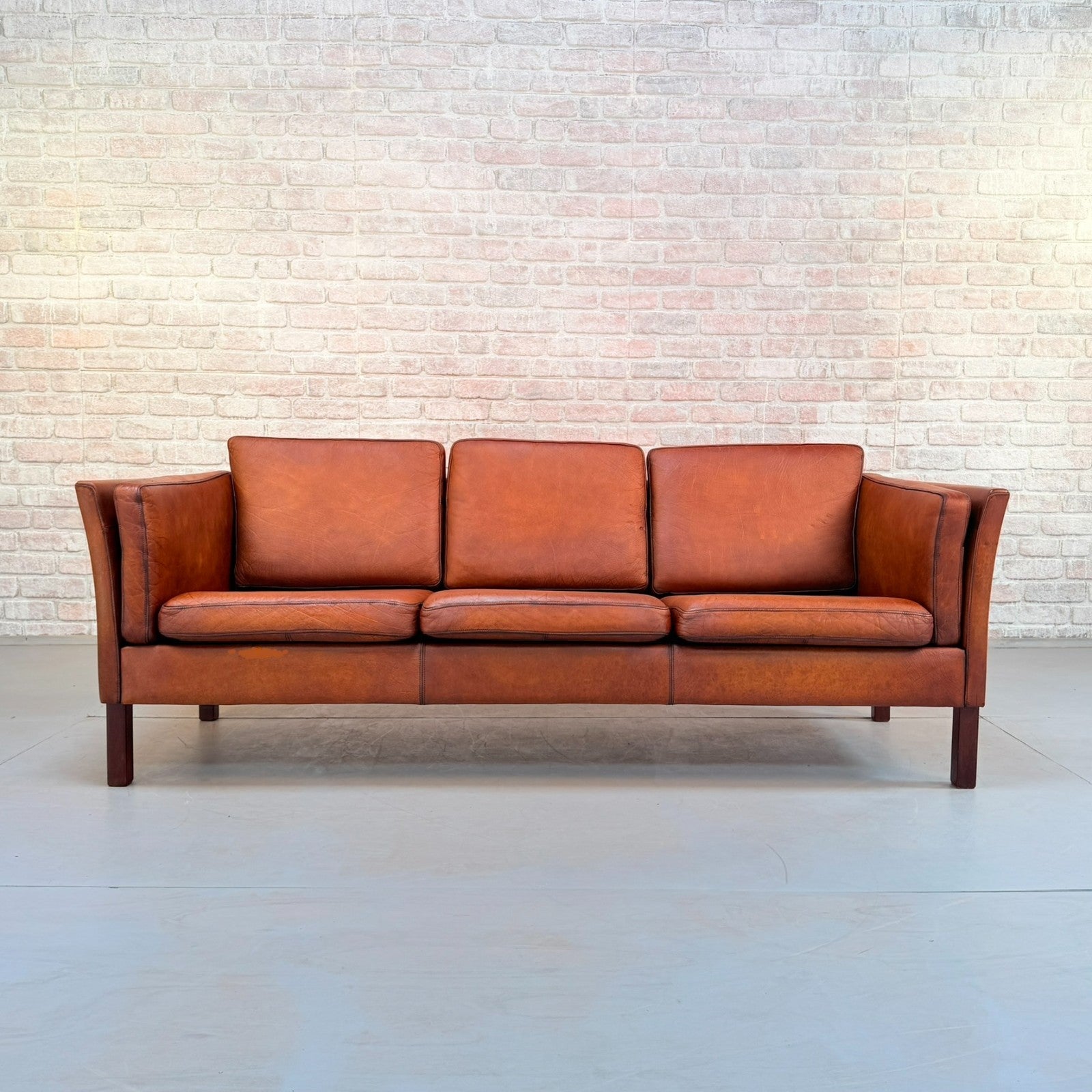 Vintage 1970s Danish Tan Leather 3 Seater Sofa Hand Dyed Buffalo Leather