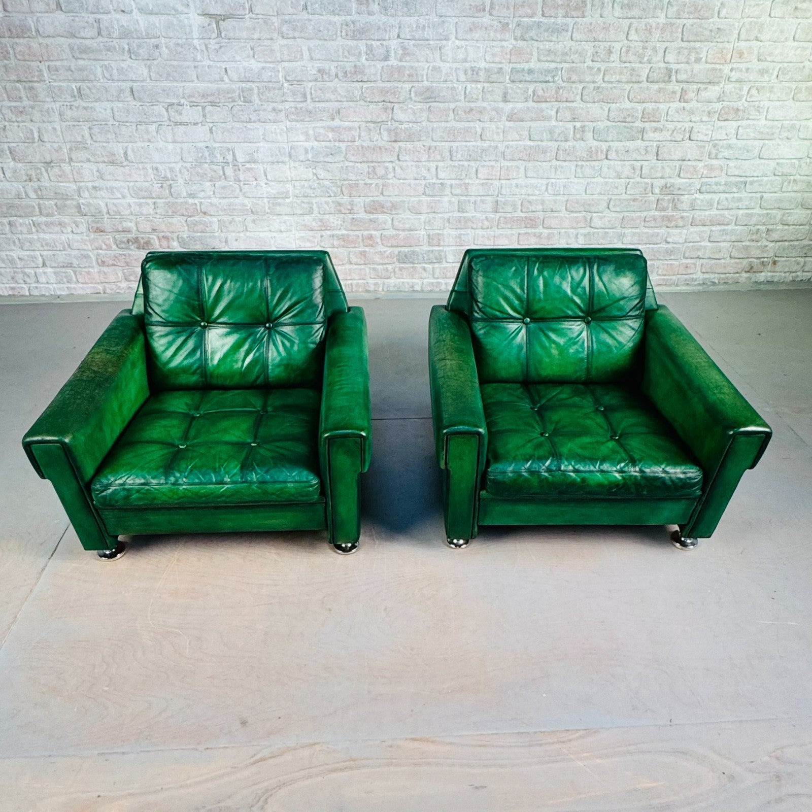 Vintage Danish Green Leather Pair of Armchairs by Svend Skipper