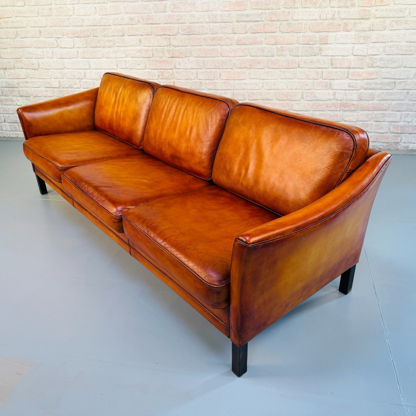 Vintage 1970s Danish Mogens Hansen Long Tan Leather Three Seater Sofa