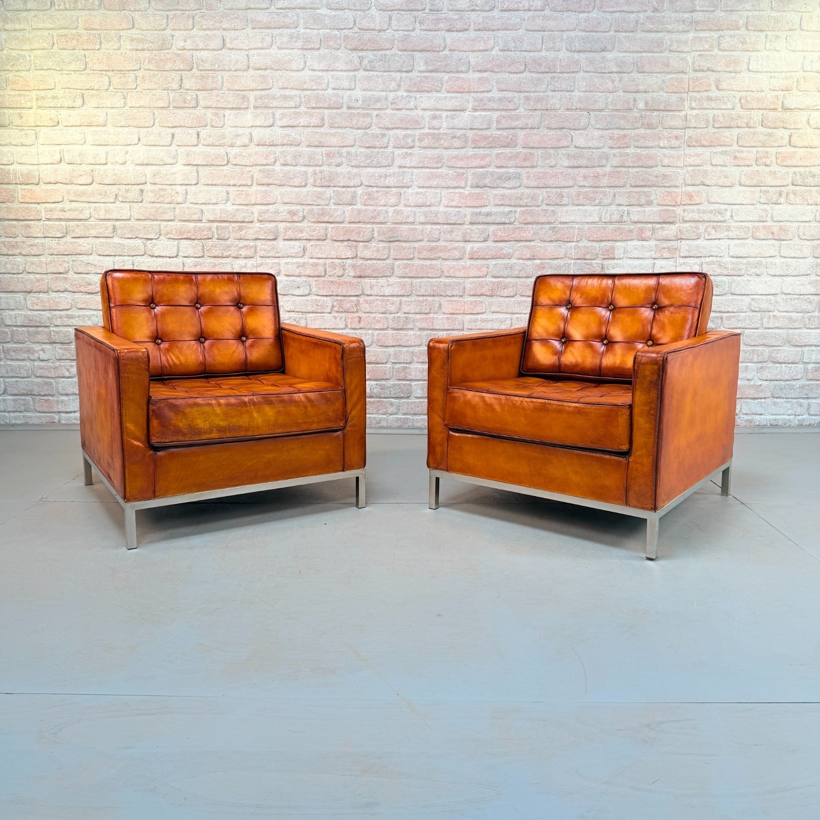 Vintage Pair of Florence Knoll Style Tan Leather Armchairs