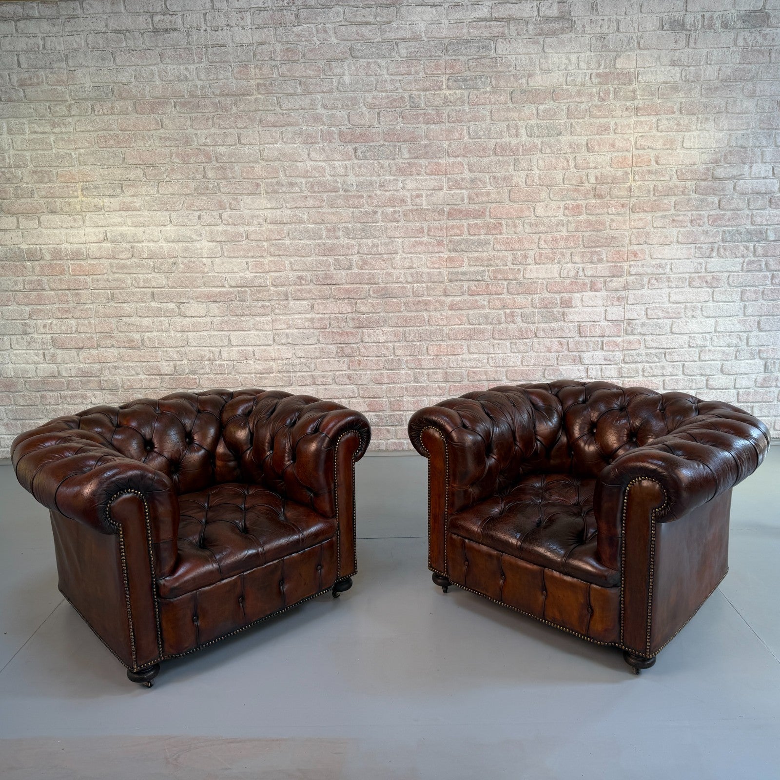 Vintage Pair of Chesterfield Dark Tan Leather Lounge Chairs – Circa 1950