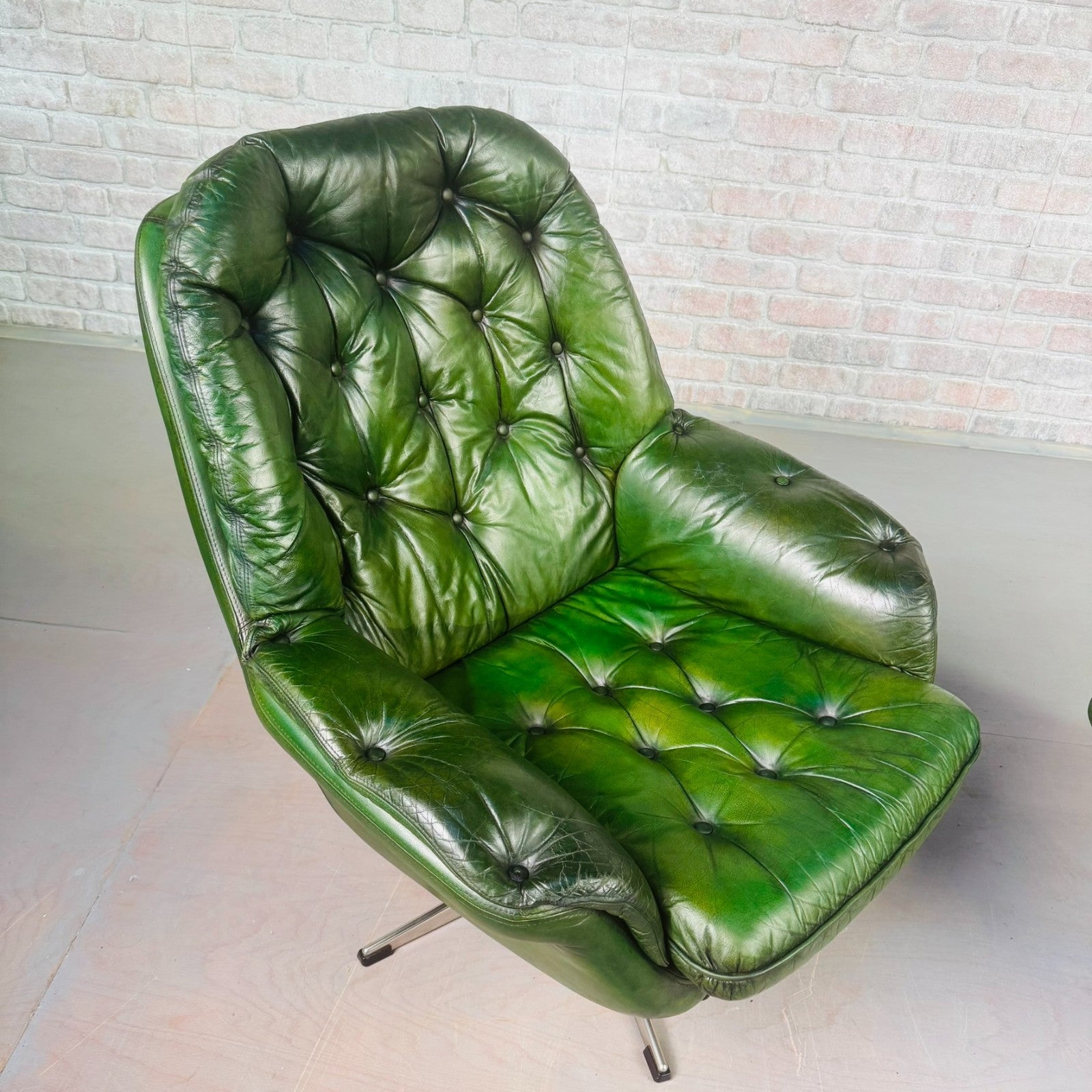 Pair of Vintage Danish Green Leather Swivel Chairs