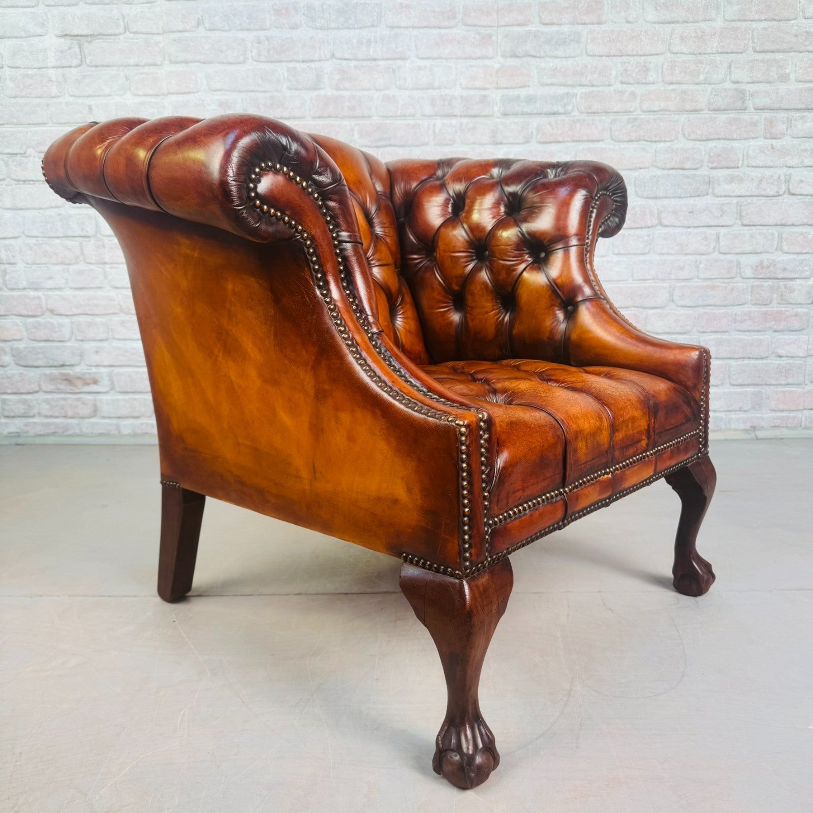 Vintage English Chesterfield Tan Leather Armchair Ball & Claw Mahogany Chair