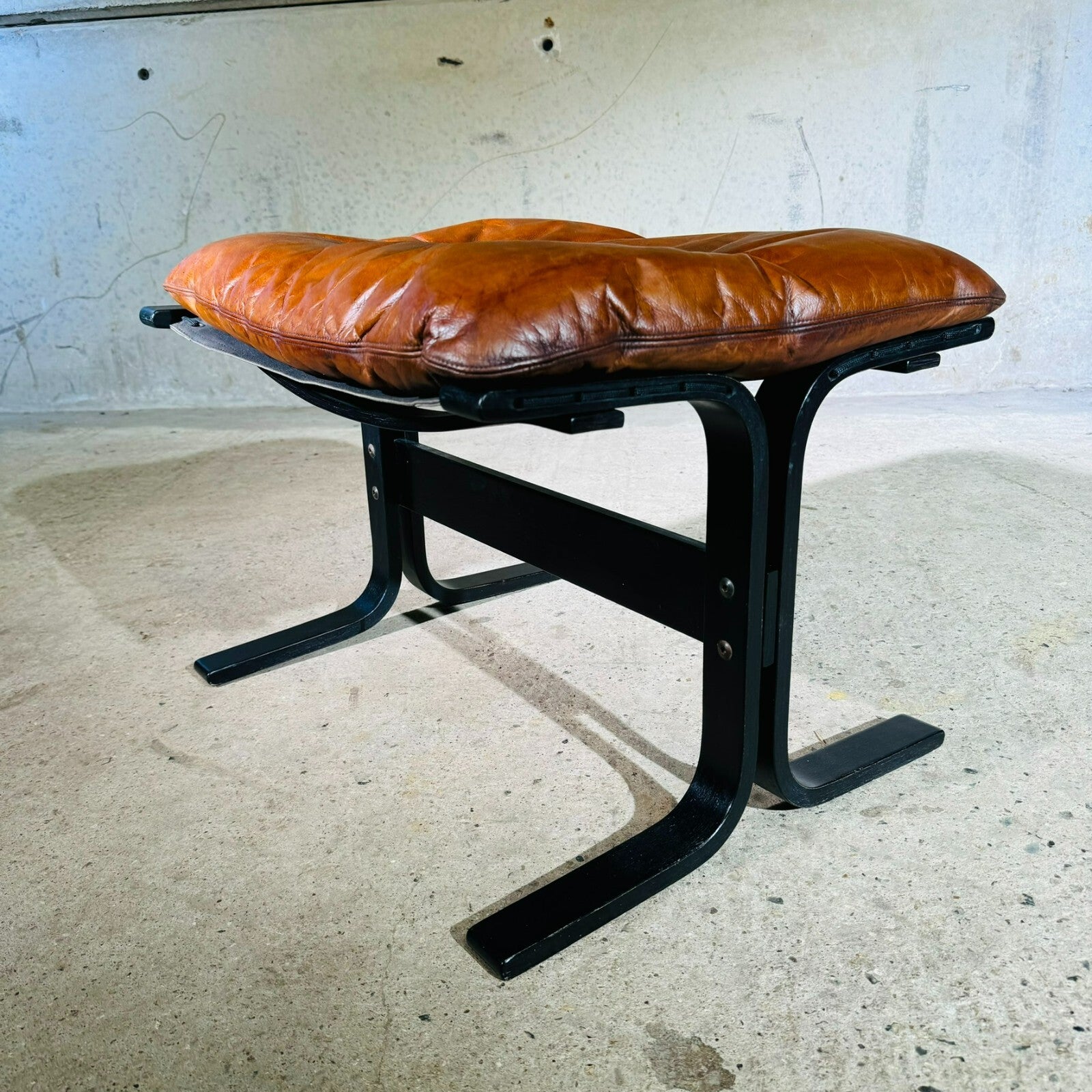 Vintage 1970s Westnofa Highback Tan Leather Chair & Footstool Ebonised Beech