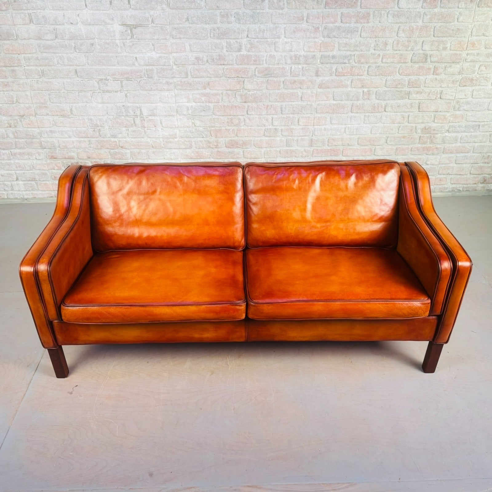 Stylish Pair of Vintage Danish Tan Leather 2.5 Seater Sofas