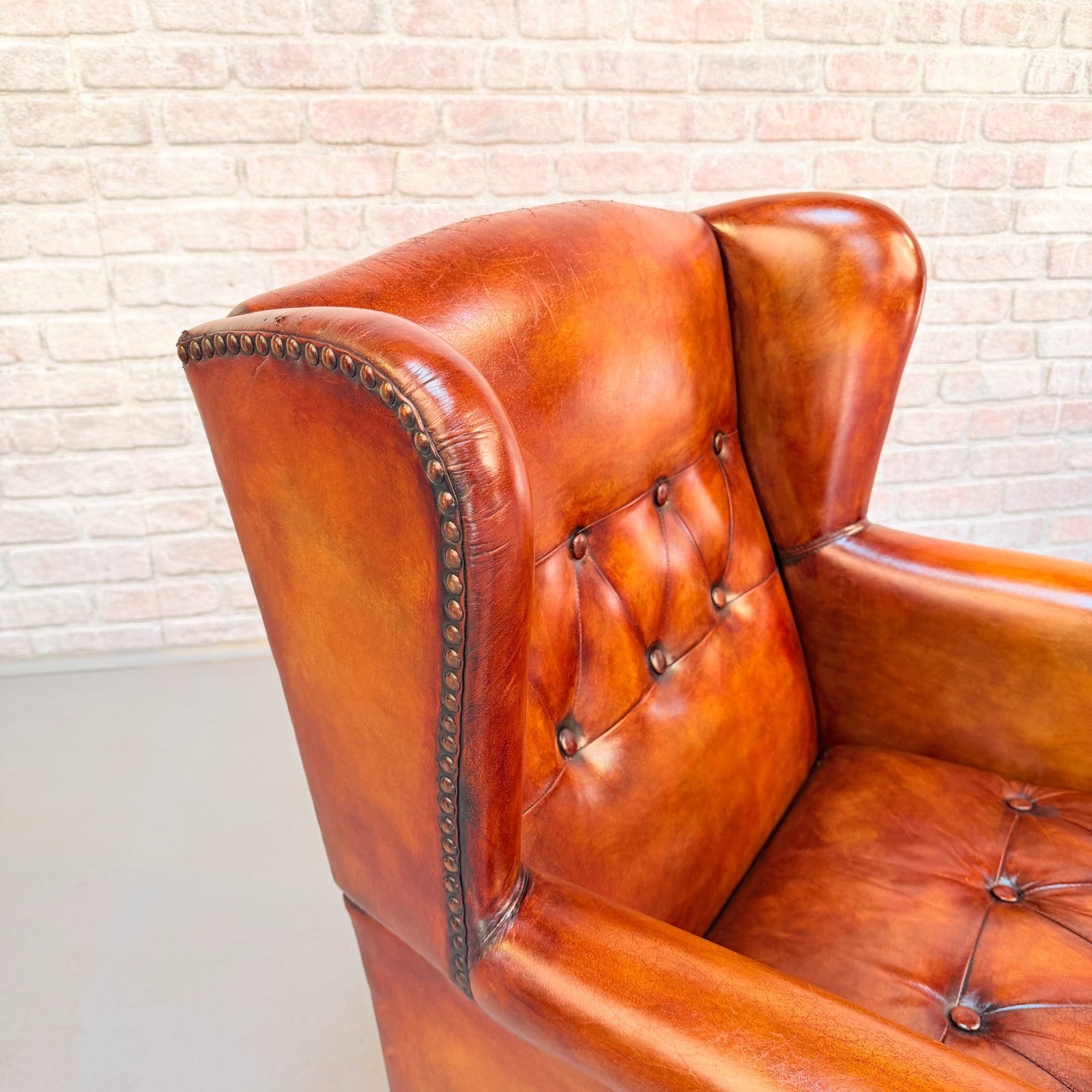 Vintage Danish Cognac Leather Wingback Armchair Hand Dyed Patina Chair