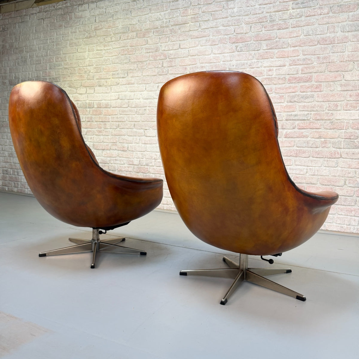 Vintage 1970s H.W. Klein Danish Tan Leather Swivel Egg Chairs & Footstool