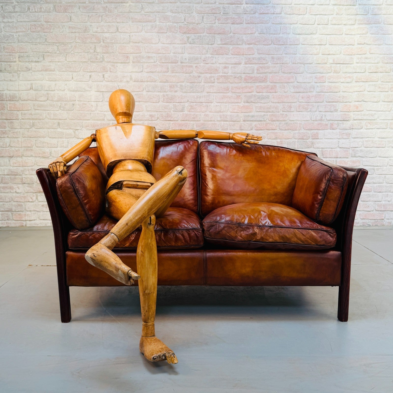 Vintage Danish Stouby Tan Hand-Dyed Leather Two Seater Sofa