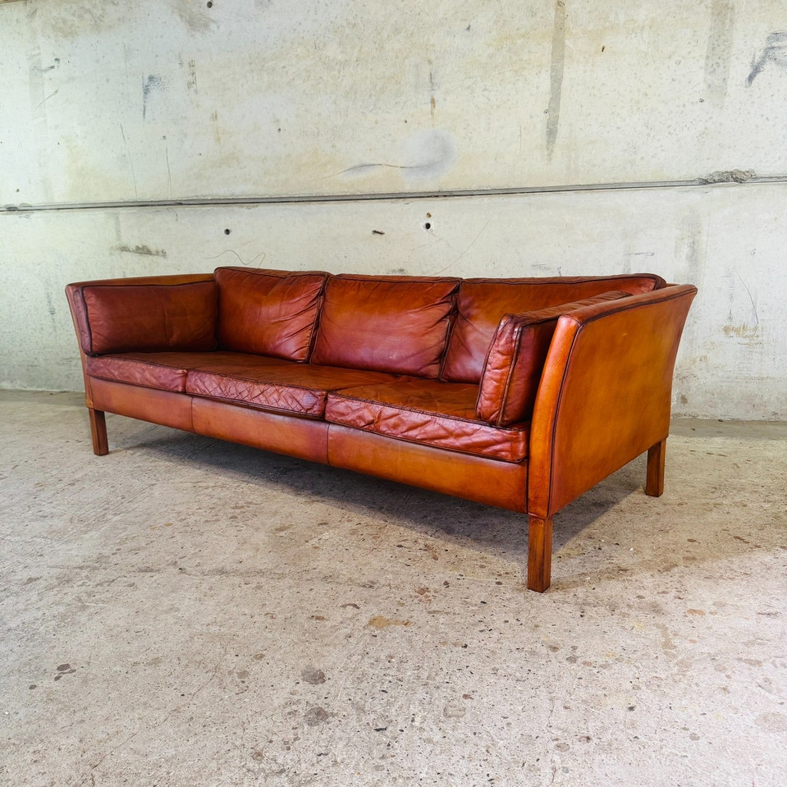 Stylish Danish 1970s Three-Seater Sofa in Cognac Leather