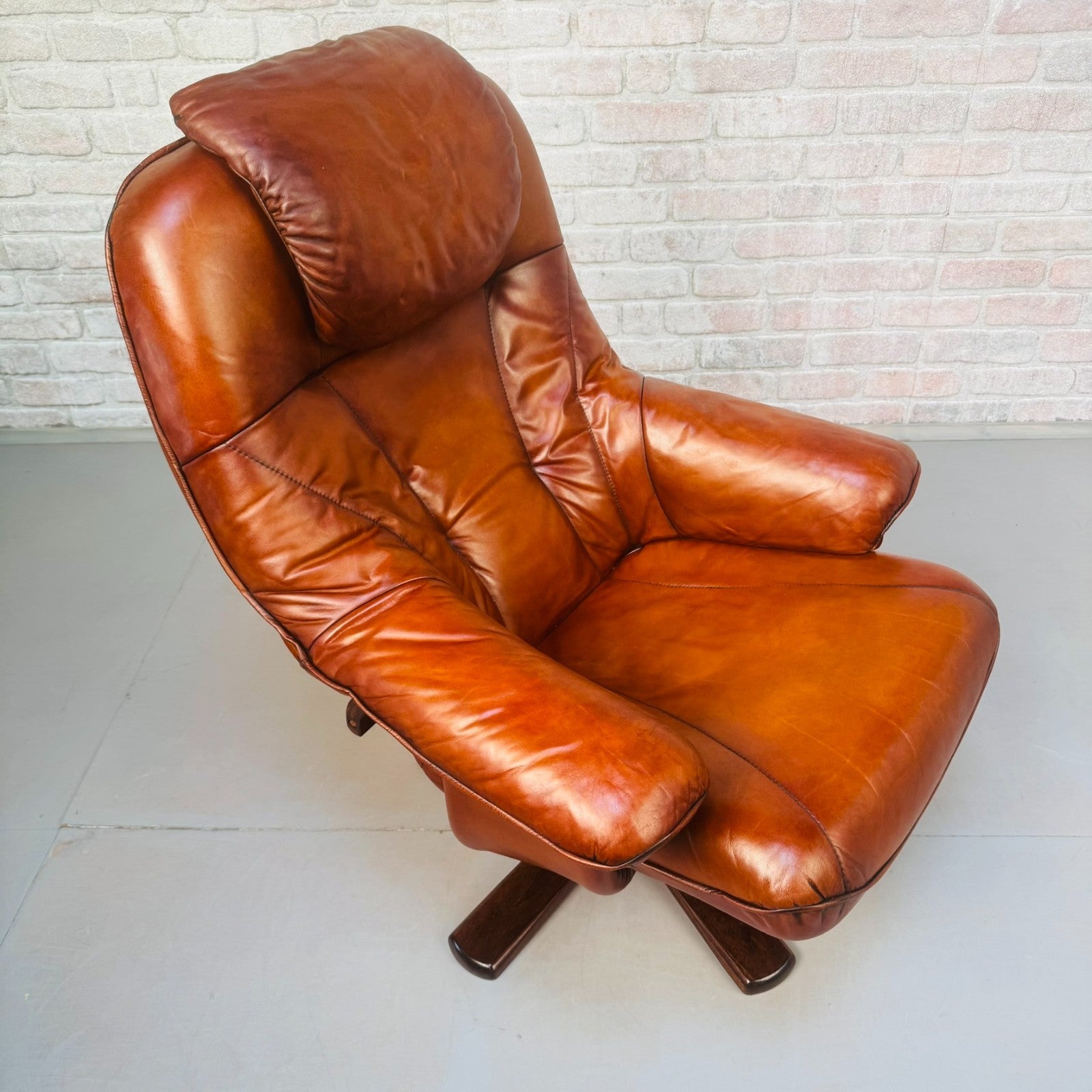 Vintage Danish Tan Leather Reclining Chair & Matching Footstool