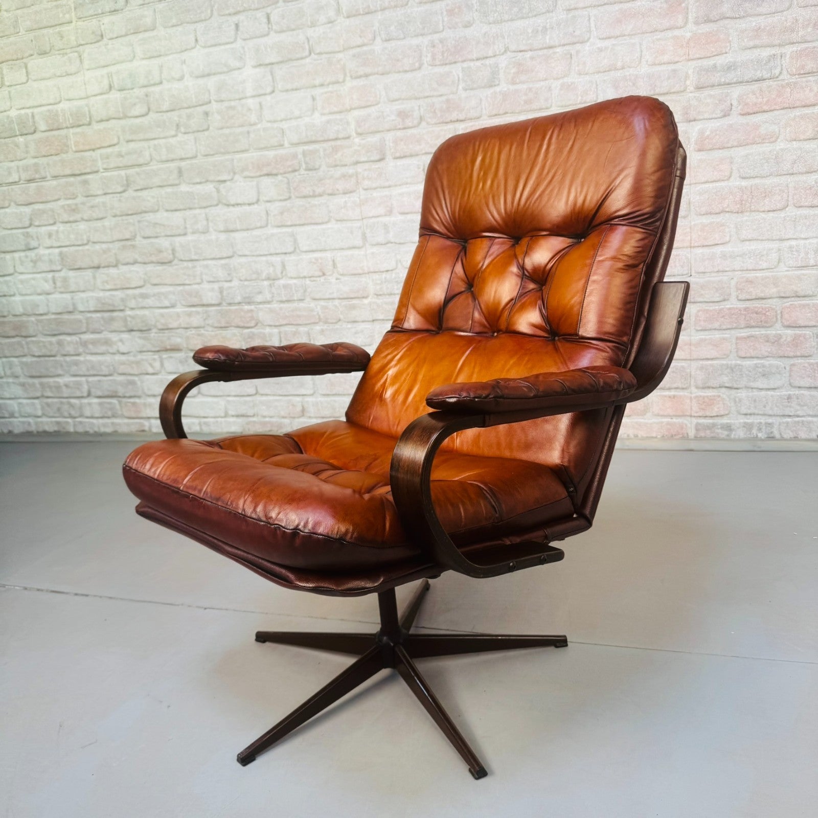 Vintage Danish Hand Dyed Tan Leather Swivel Chair – Neat Proportions