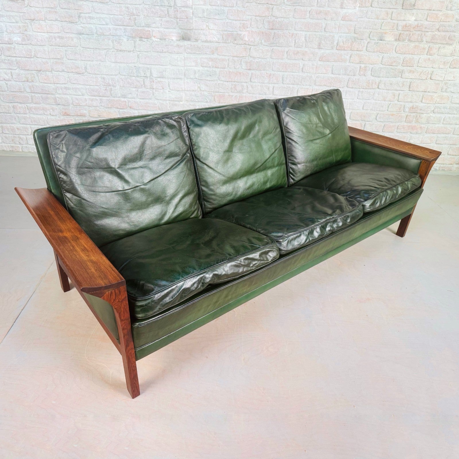 1960s Danish Green Leather Three-Seater Sofa & His & Hers Armchairs Golstrup
