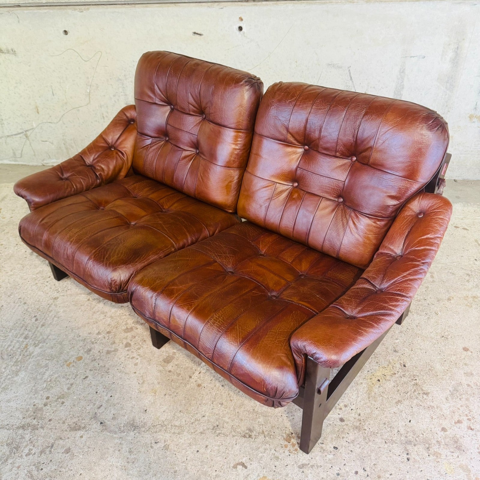 1970s Jean Gillon Brazilian Oak & Tan Leather Two-Seater Sofa — Rustic