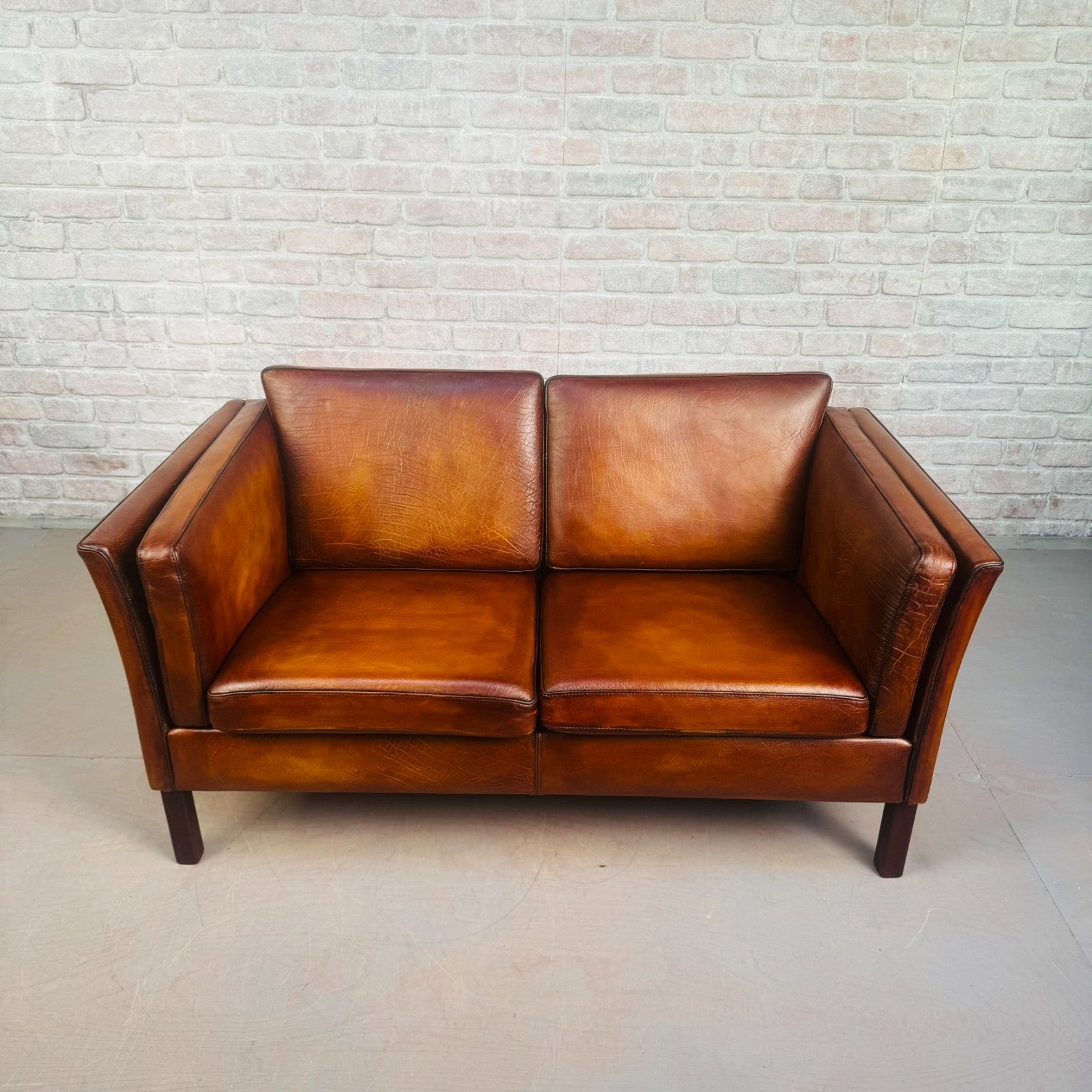Vintage Danish Tan Leather 2 Seater Sofa Compact Mid Century Space Saver