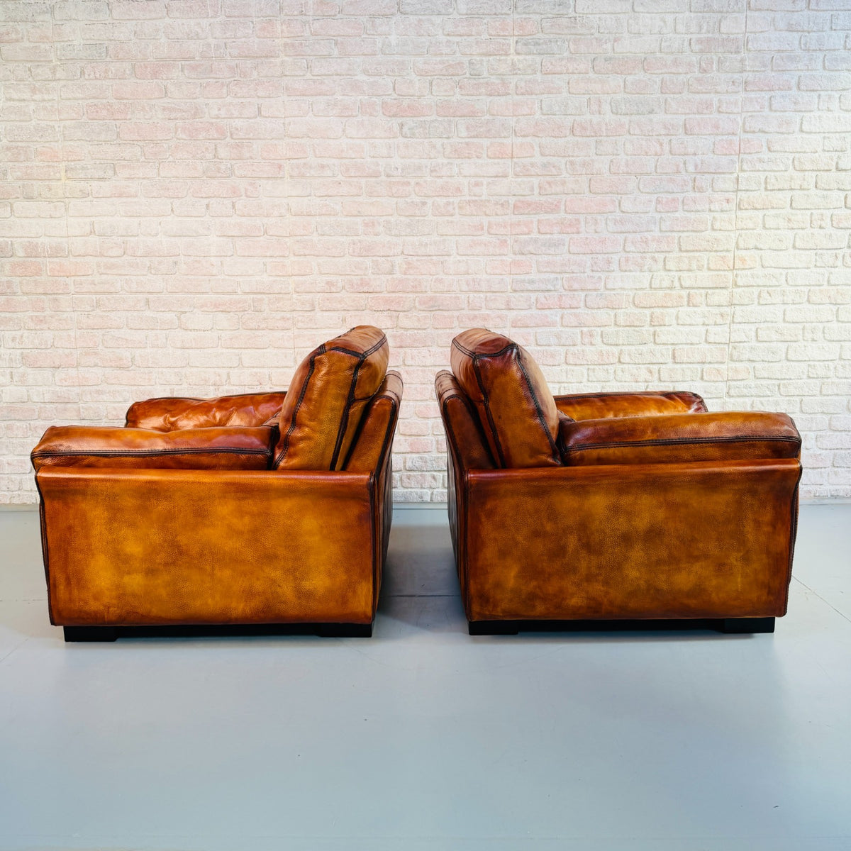 Huge Pair Vintage Roche Bobois Hand Dyed Tan Leather Armchairs