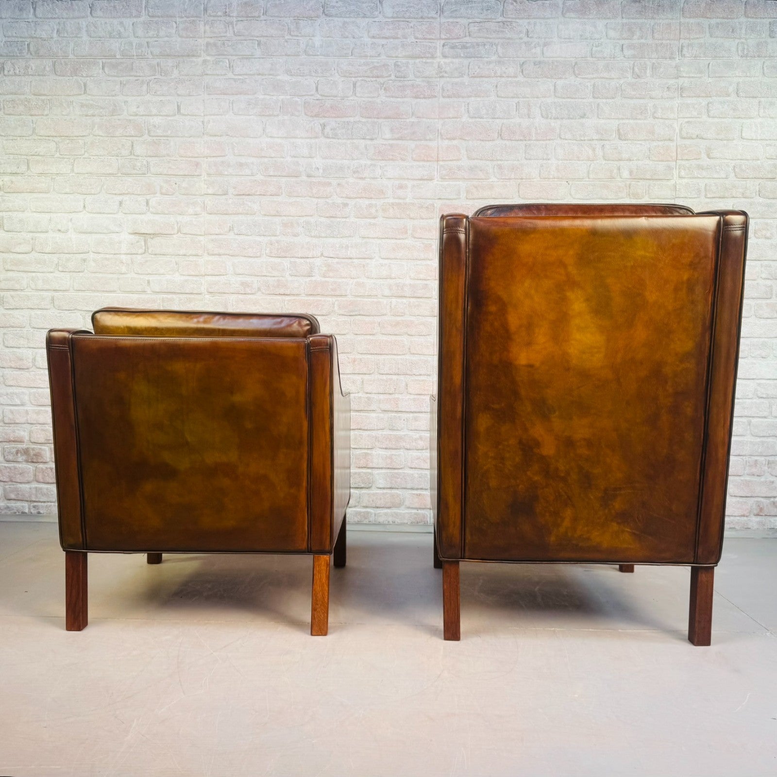 Vintage Danish His & Hers High Back Leather Chairs Pair Light Brown Armchairs