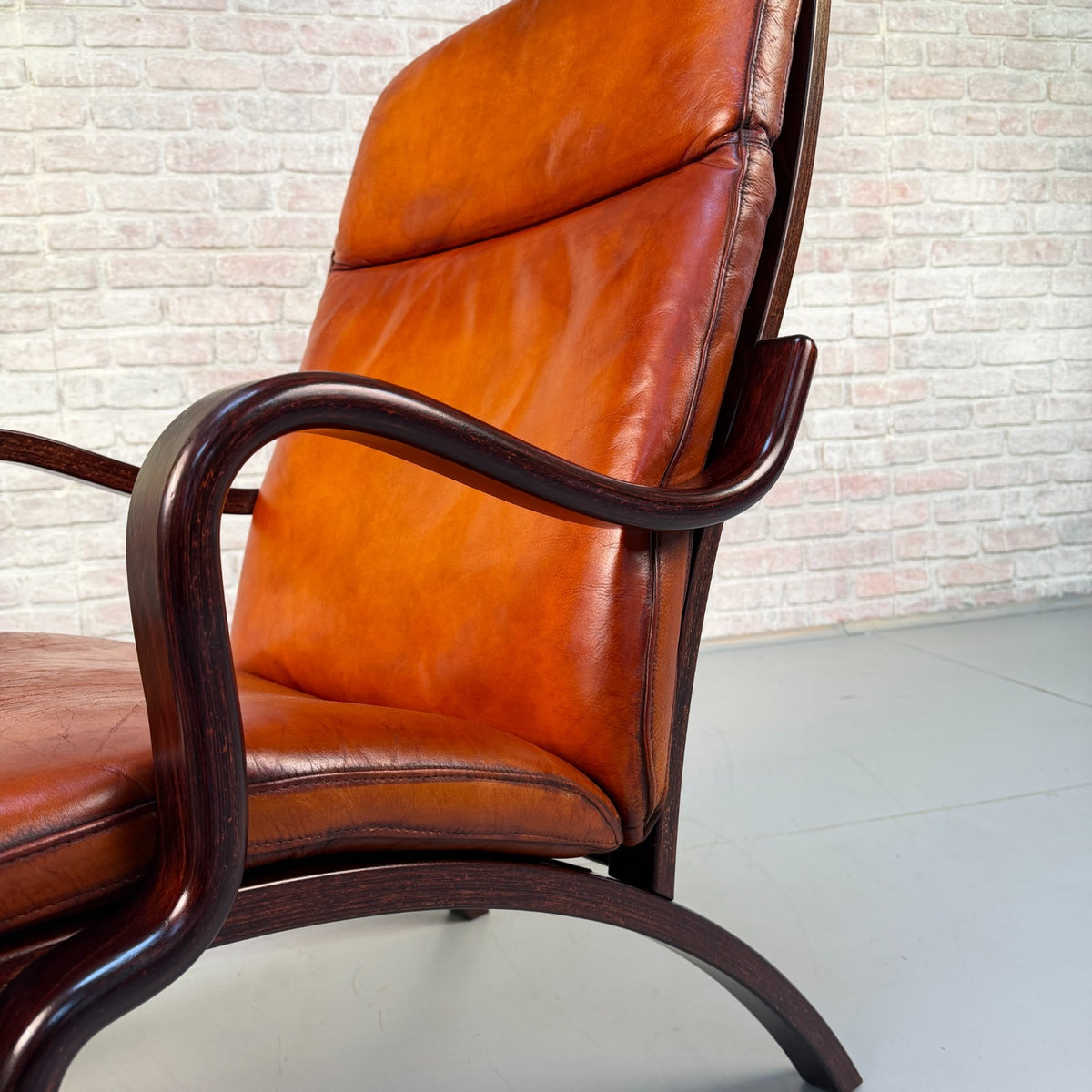 Vintage Danish Stouby Cognac Tan Leather Lounge Armchair Bentwood Beech Frame