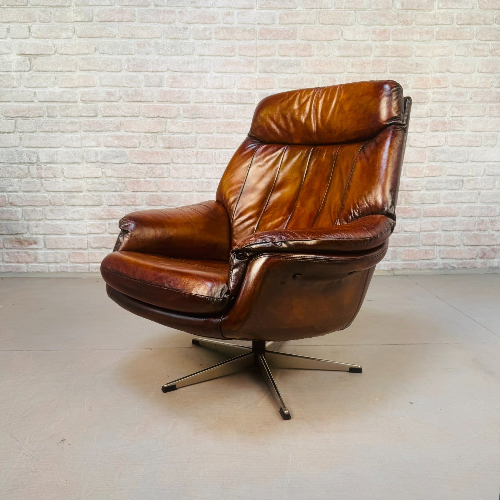 Vintage Danish Tan Leather Swivel Chair