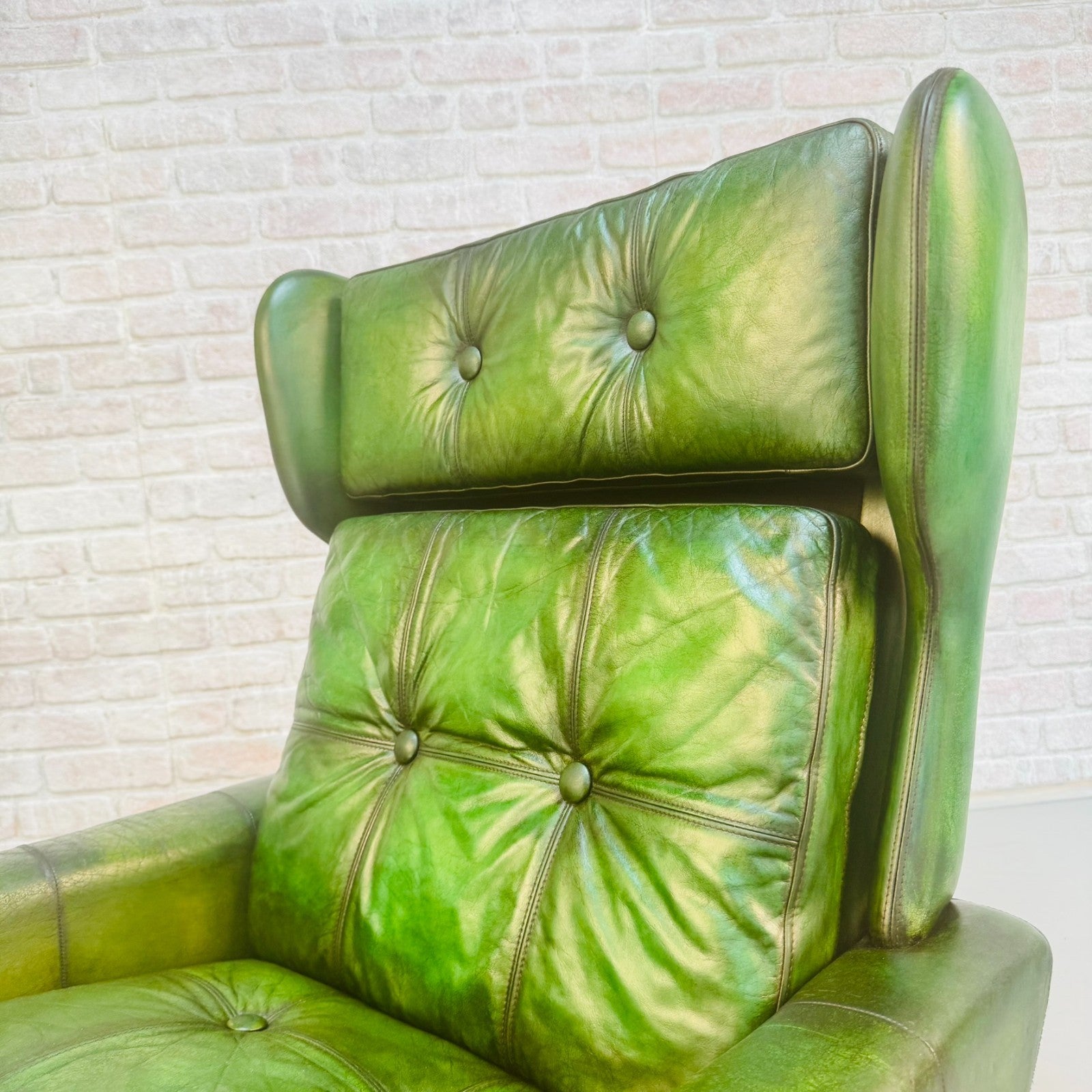 Vintage 1970s Svend Skippers High Back Green Leather Armchair