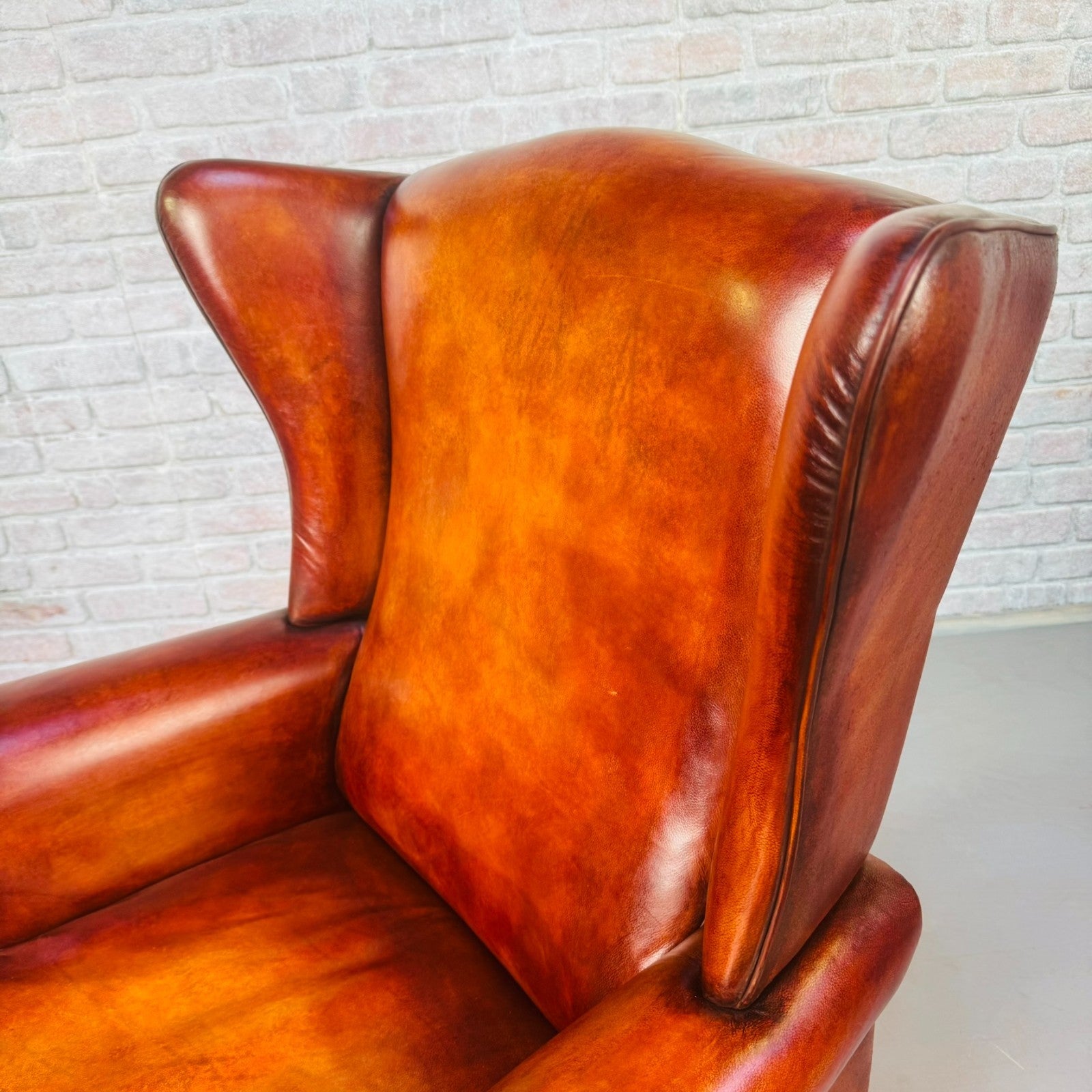 Vintage Danish Wingback Tan Leather Chair & Footstool